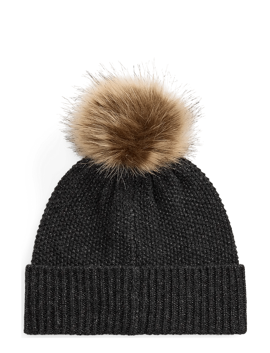 Lauren Ralph Lauren - Embroidered-Crest Pom-Pom Cable Beanie - mössor - onyx heather - 1