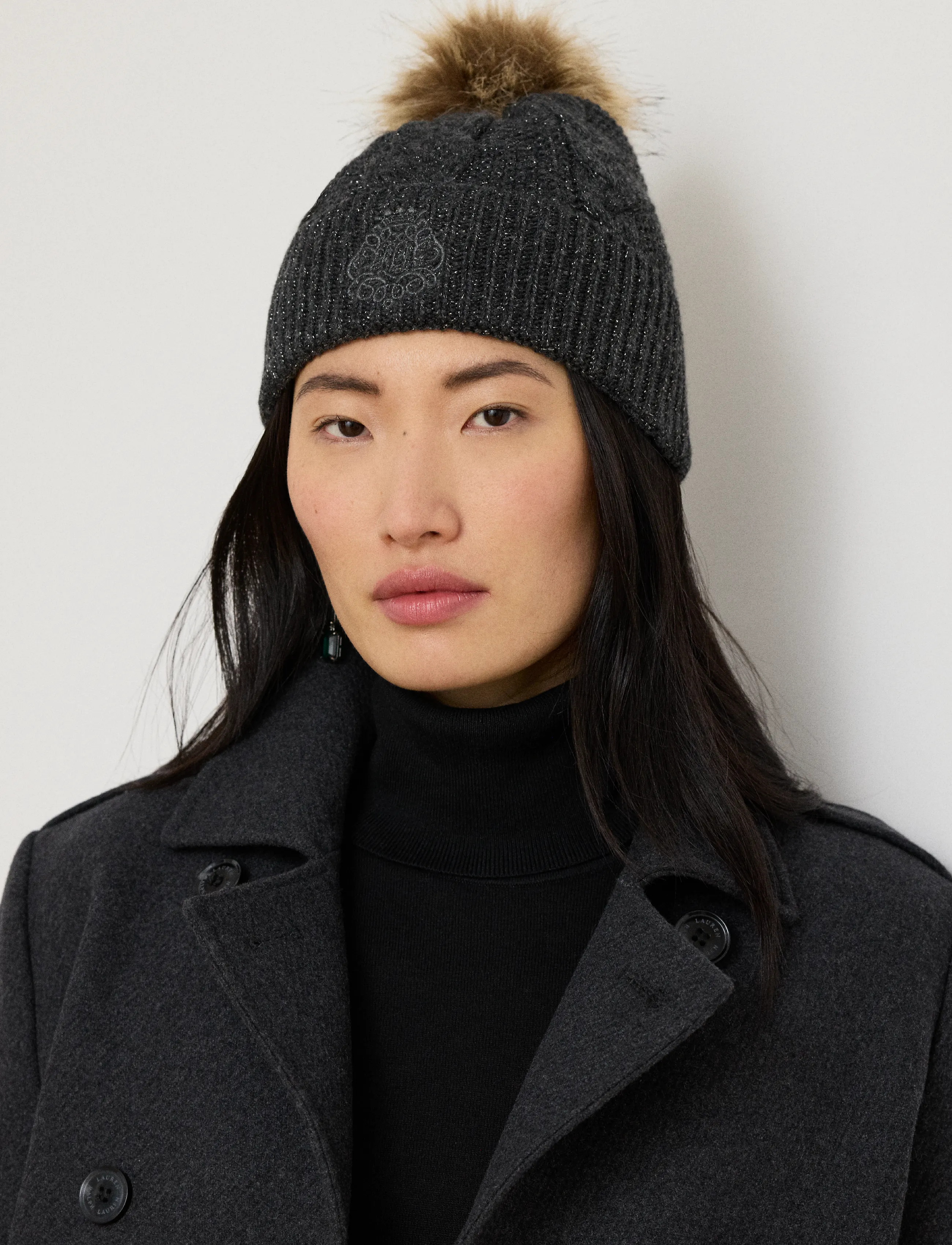 Lauren Ralph Lauren - Embroidered-Crest Pom-Pom Cable Beanie - accessories - onyx heather - 2