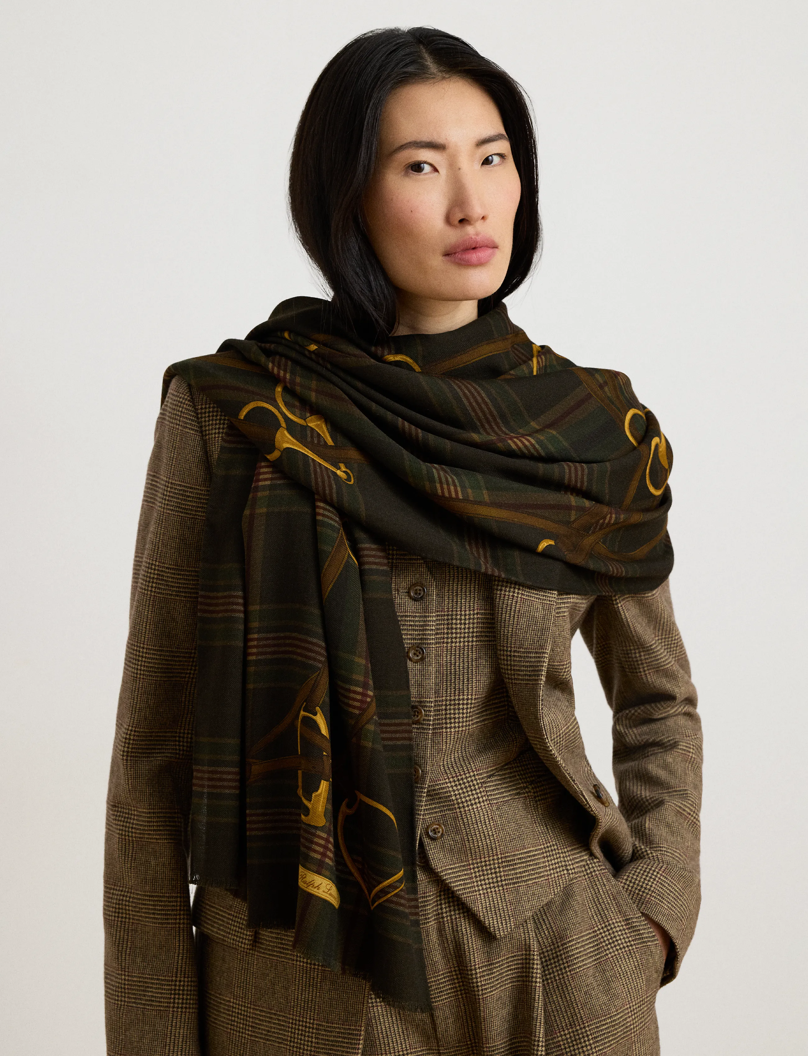 Lauren Ralph Lauren Plaid & Belting-Print Wool Wrap Scarf - Tynde tørklæder - BROWN / brown