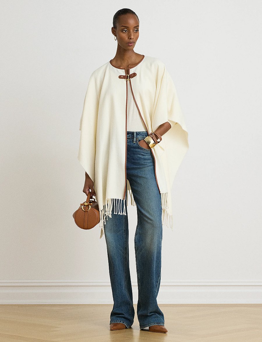 Lauren Ralph Lauren - Buckle-Trim Herringbone Ruana - ponchoer & kapper - cream - 0