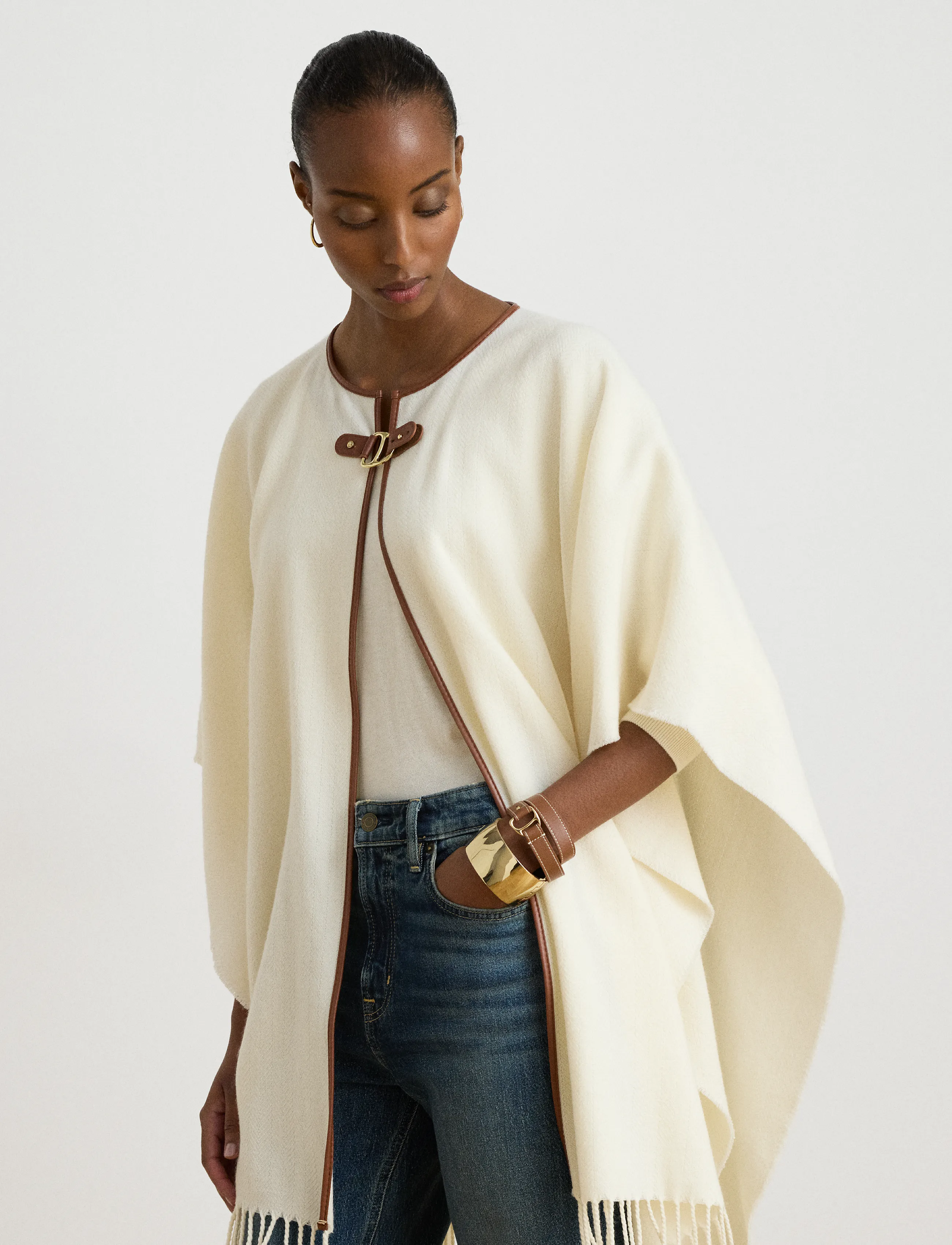 Lauren Ralph Lauren - Buckle-Trim Herringbone Ruana - ponchoer & kapper - cream - 5