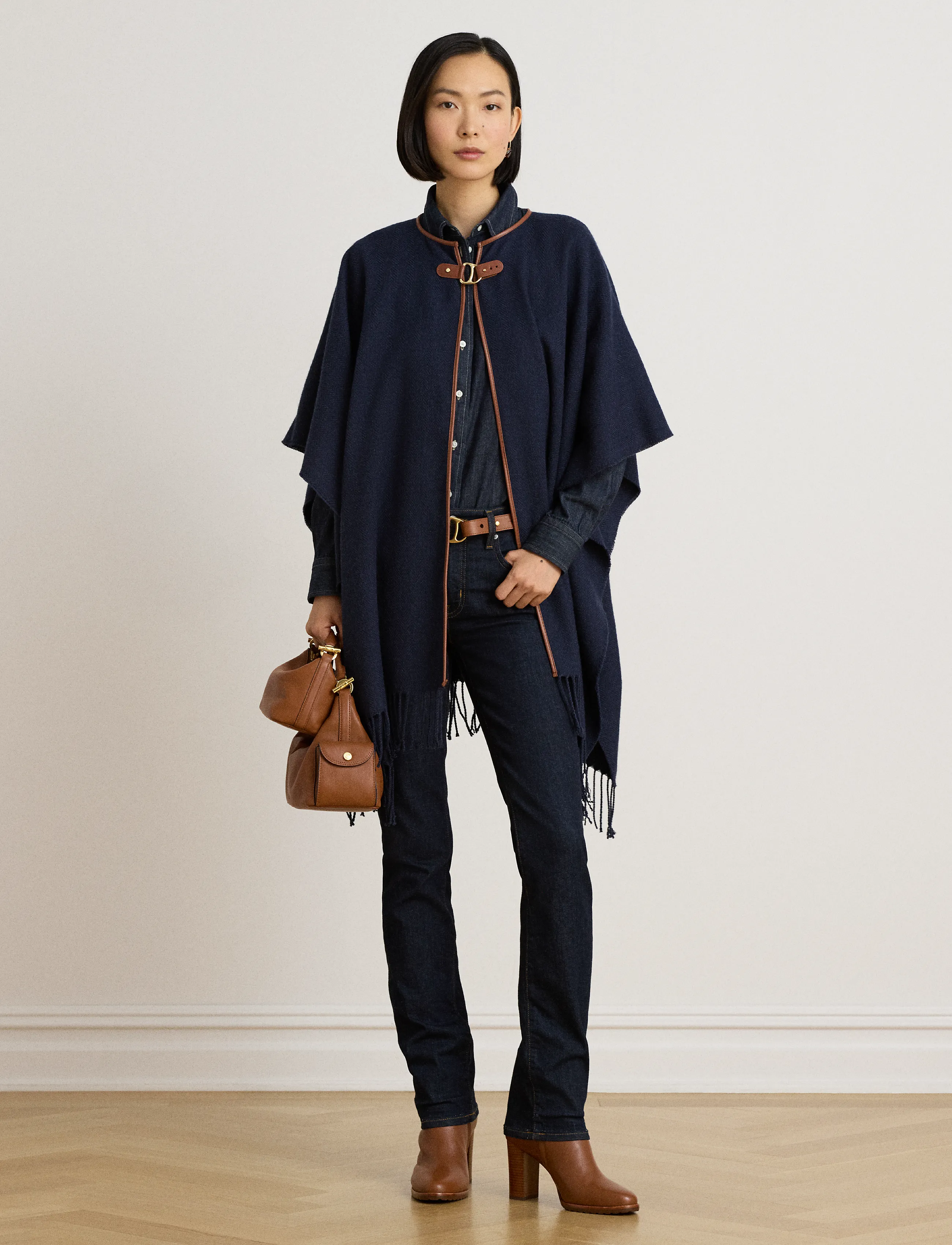Lauren Ralph Lauren - Buckle-Trim Herringbone Ruana - ponchoer & kapper - navy - 0