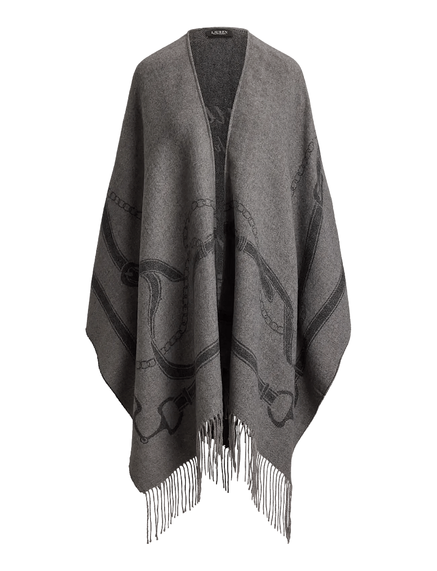 Lauren Ralph Lauren - Belting-Motif Jacquard Fringe-Trim Ruana - ponchoer & kapper - black/charcoal - 0