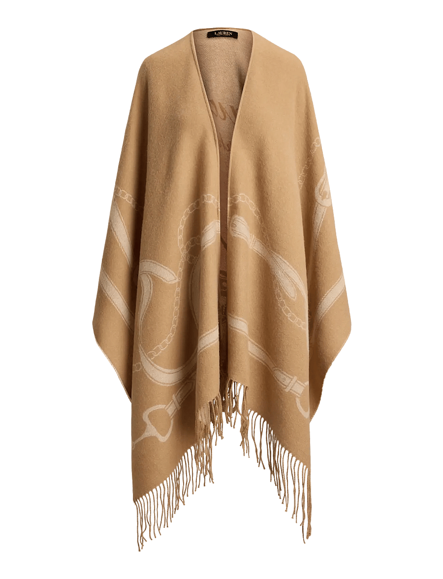 Lauren Ralph Lauren - Belting-Motif Jacquard Fringe-Trim Ruana - ponchoer & kapper - camel/cream - 1