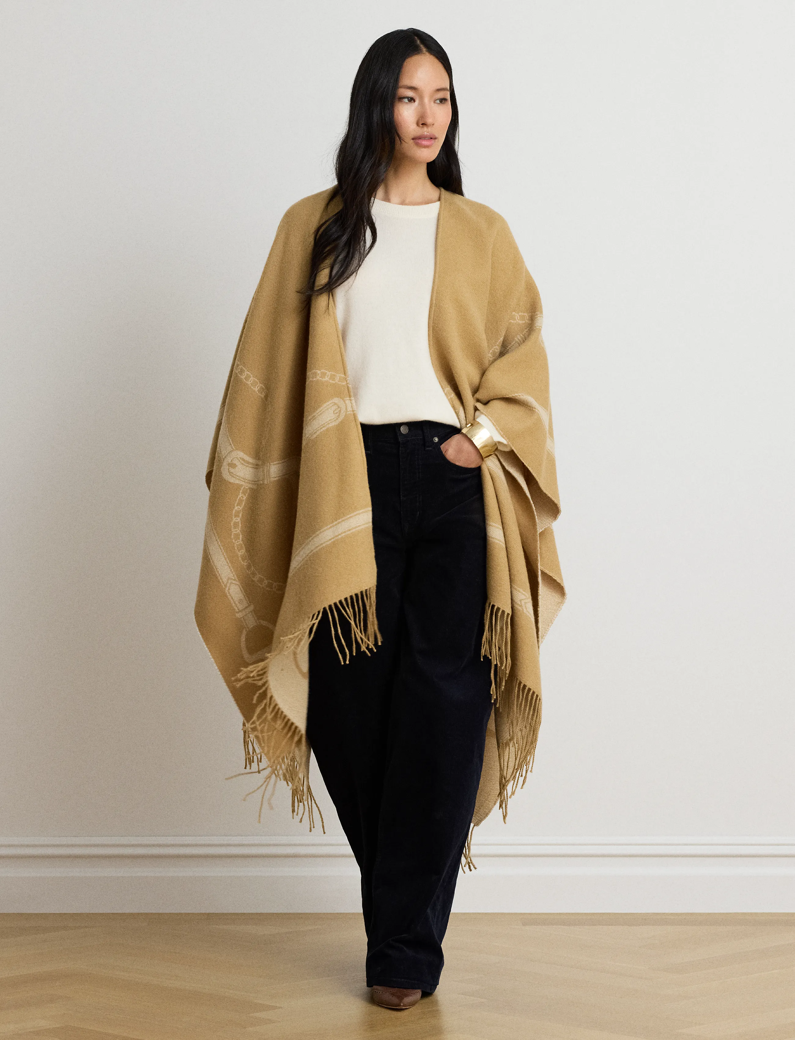 Lauren Ralph Lauren Belting-Motif Jacquard Fringe-Trim Ruana - Ralph Lauren - CAMEL/CREAM / beige