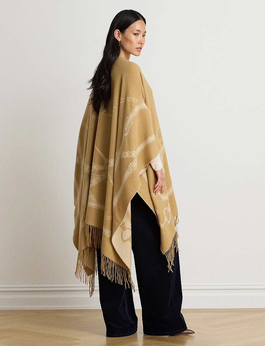 Lauren Ralph Lauren - Belting-Motif Jacquard Fringe-Trim Ruana - ponchoer & kapper - camel/cream - 2