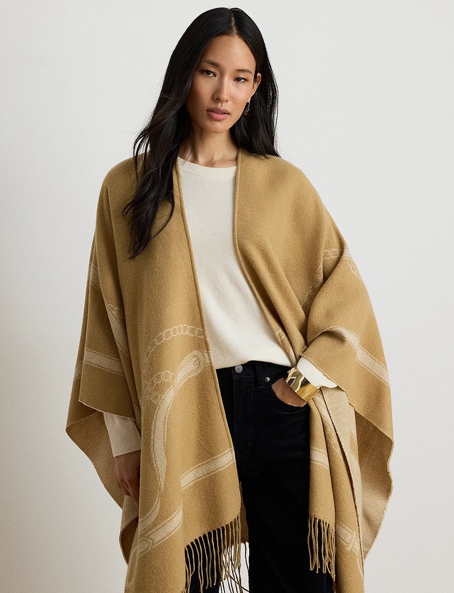 Lauren Ralph Lauren - Belting-Motif Jacquard Fringe-Trim Ruana - ponchoer & kapper - camel/cream - 3