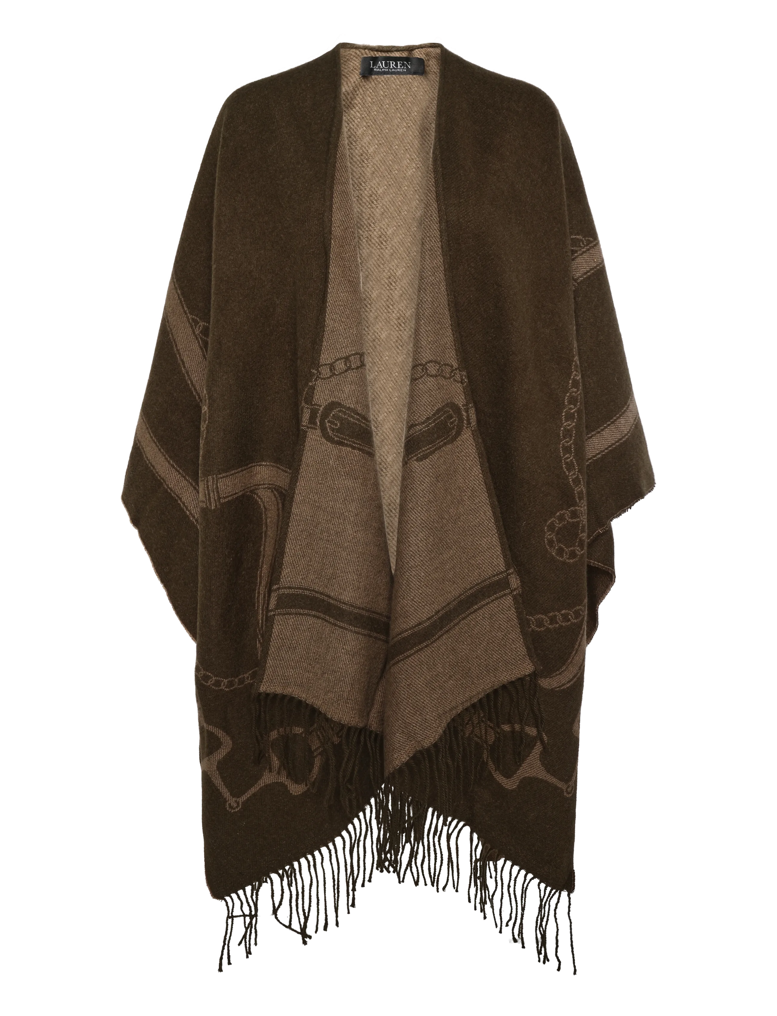 Lauren Ralph Lauren Belting-Motif Jacquard Fringe-Trim Ruana - Tøj - DK OLIVE/CAMEL / khaki/green