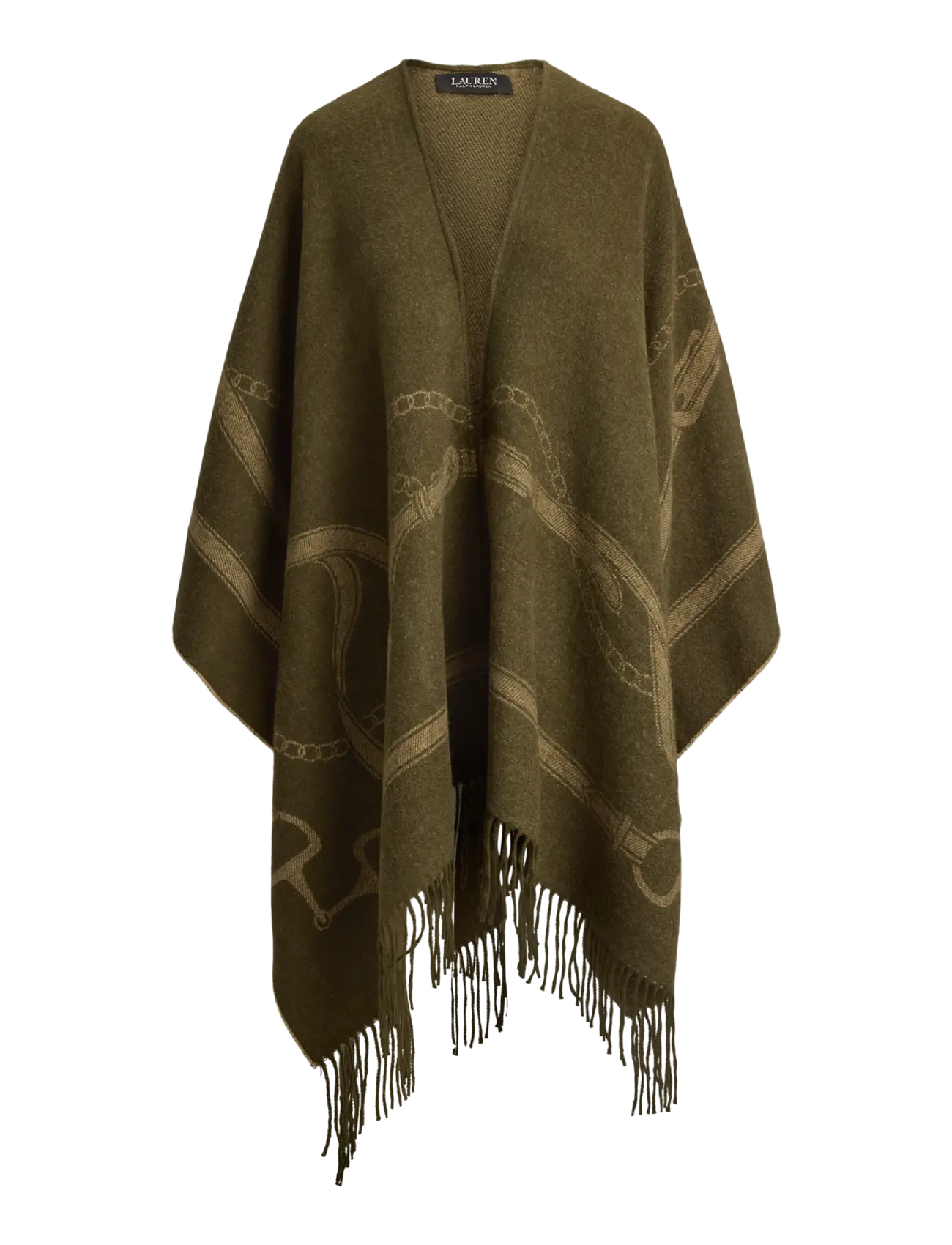 Lauren Ralph Lauren Belting-Motif Jacquard Fringe-Trim Ruana - Strik - DK OLIVE/CAMEL / khaki/green
