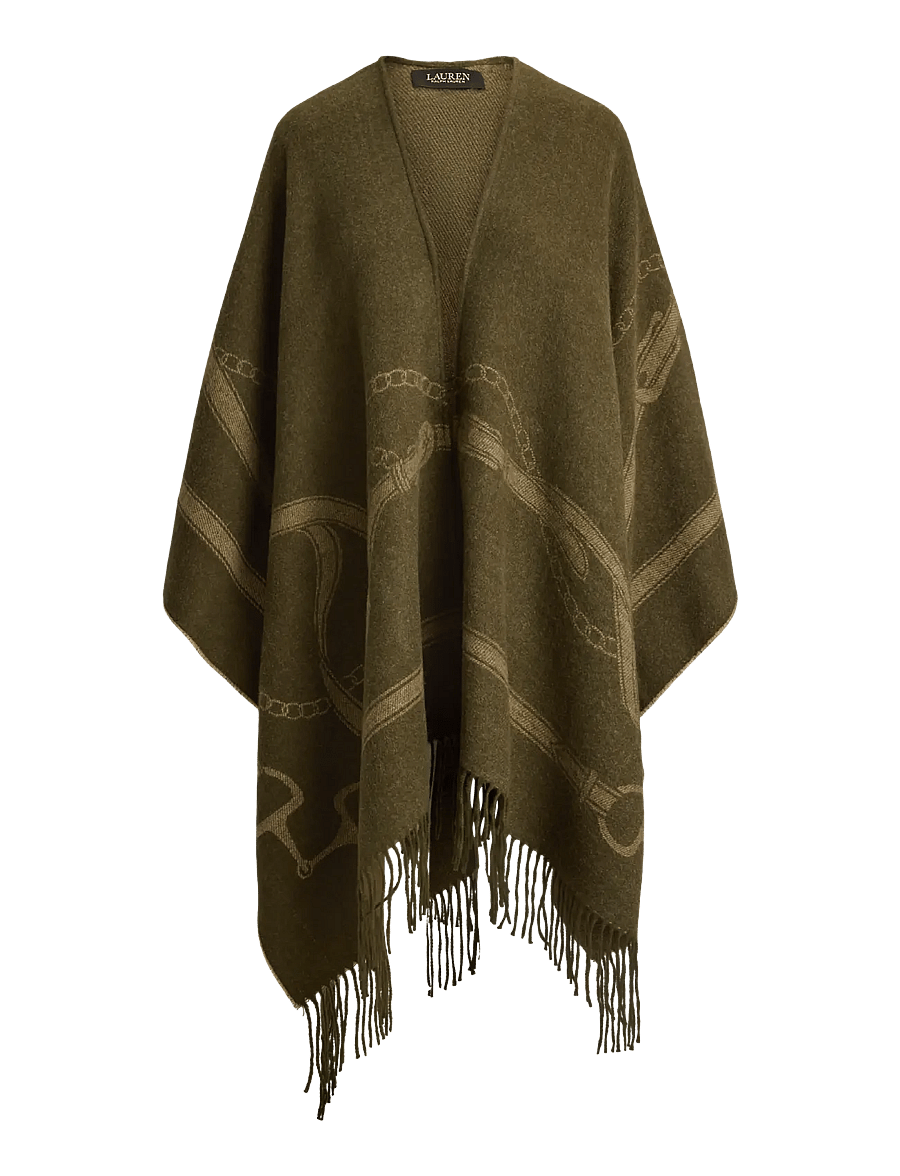 Lauren Ralph Lauren - Belting-Motif Jacquard Fringe-Trim Ruana - ponchoer & kapper - dk olive/camel - 1