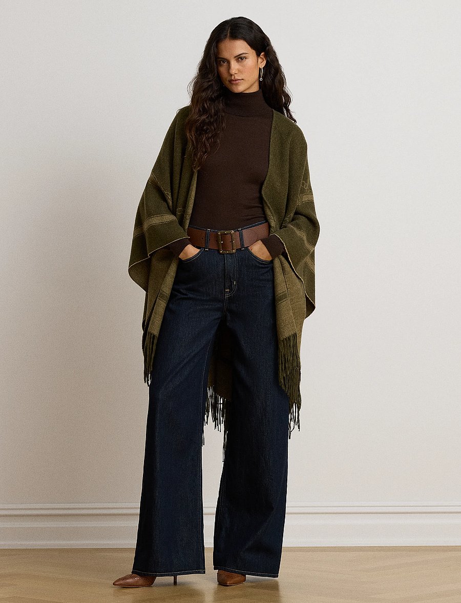 Lauren Ralph Lauren - Belting-Motif Jacquard Fringe-Trim Ruana - ponchoer & kapper - dk olive/camel - 0