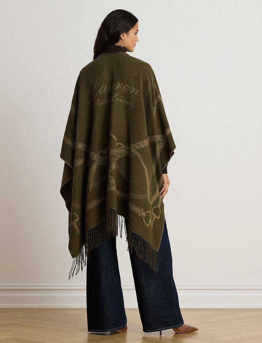 Lauren Ralph Lauren - Belting-Motif Jacquard Fringe-Trim Ruana - ponchoer & kapper - dk olive/camel - 2