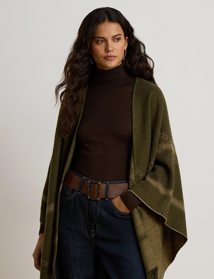 Lauren Ralph Lauren - Belting-Motif Jacquard Fringe-Trim Ruana - ponchoer & kapper - dk olive/camel - 4