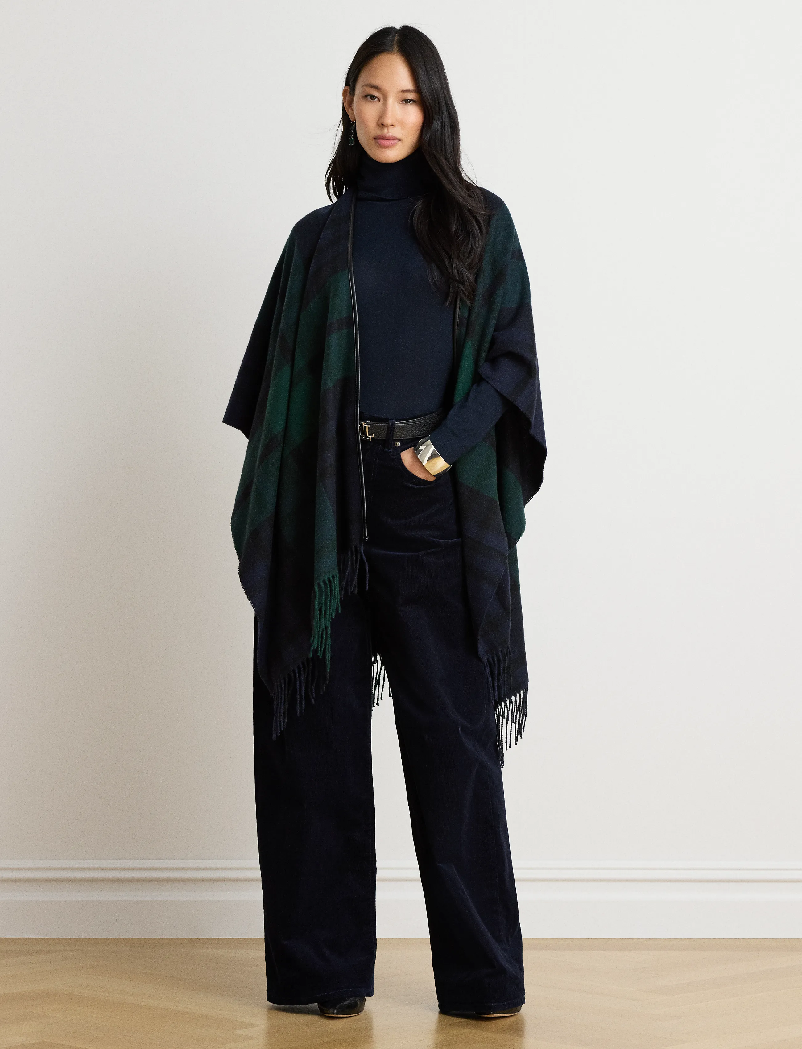 Lauren Ralph Lauren Plaid Fringe-Trim Ruana - Stickat - NAVY/GREEN / navy