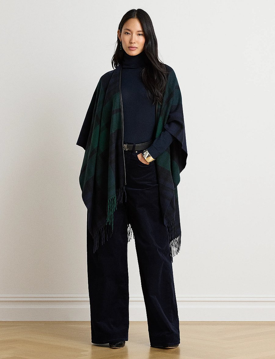 Lauren Ralph Lauren - Plaid Fringe-Trim Ruana - ponchos & capes - navy/green - 0