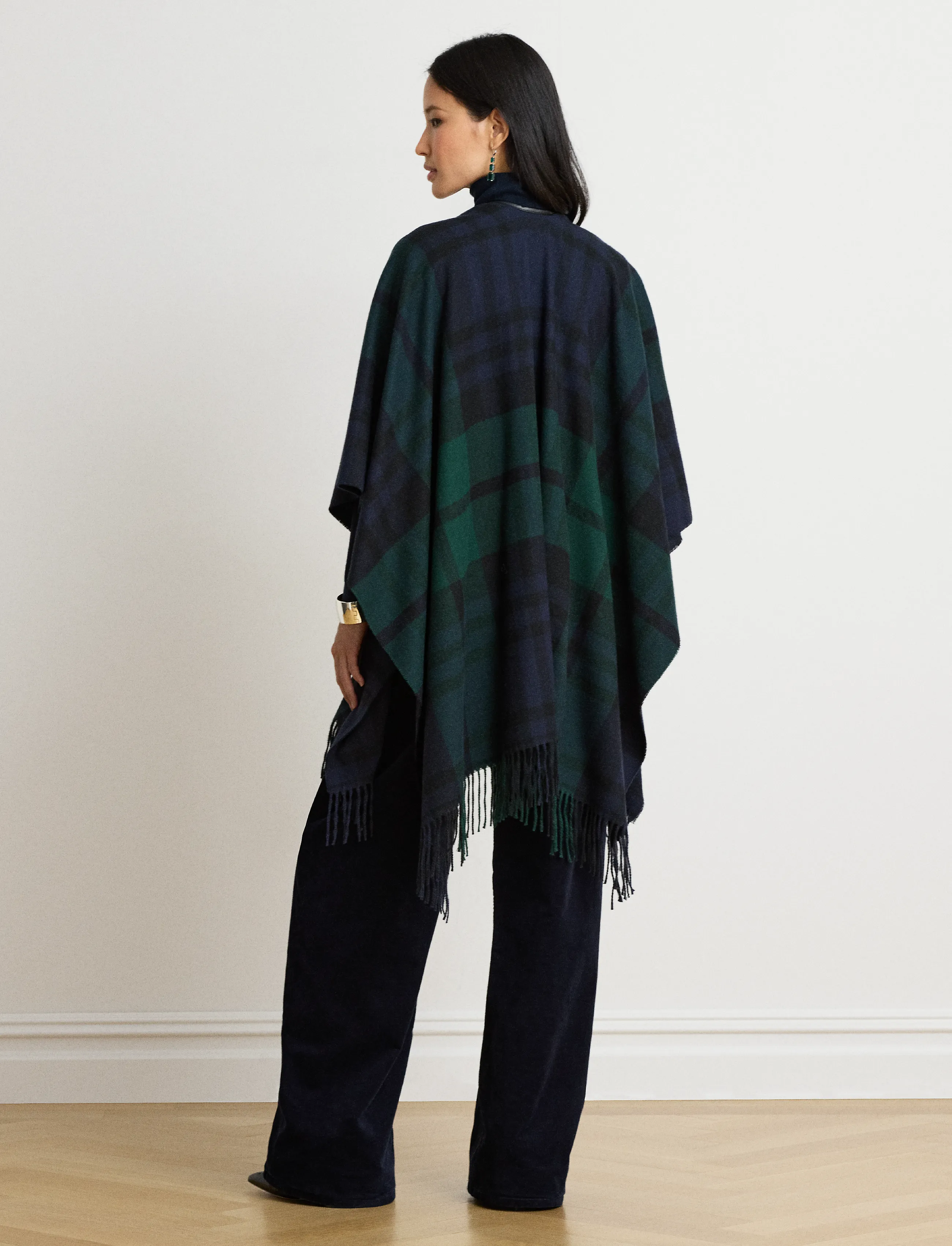 Lauren Ralph Lauren - Plaid Fringe-Trim Ruana - ponchos & capes - navy/green - 2