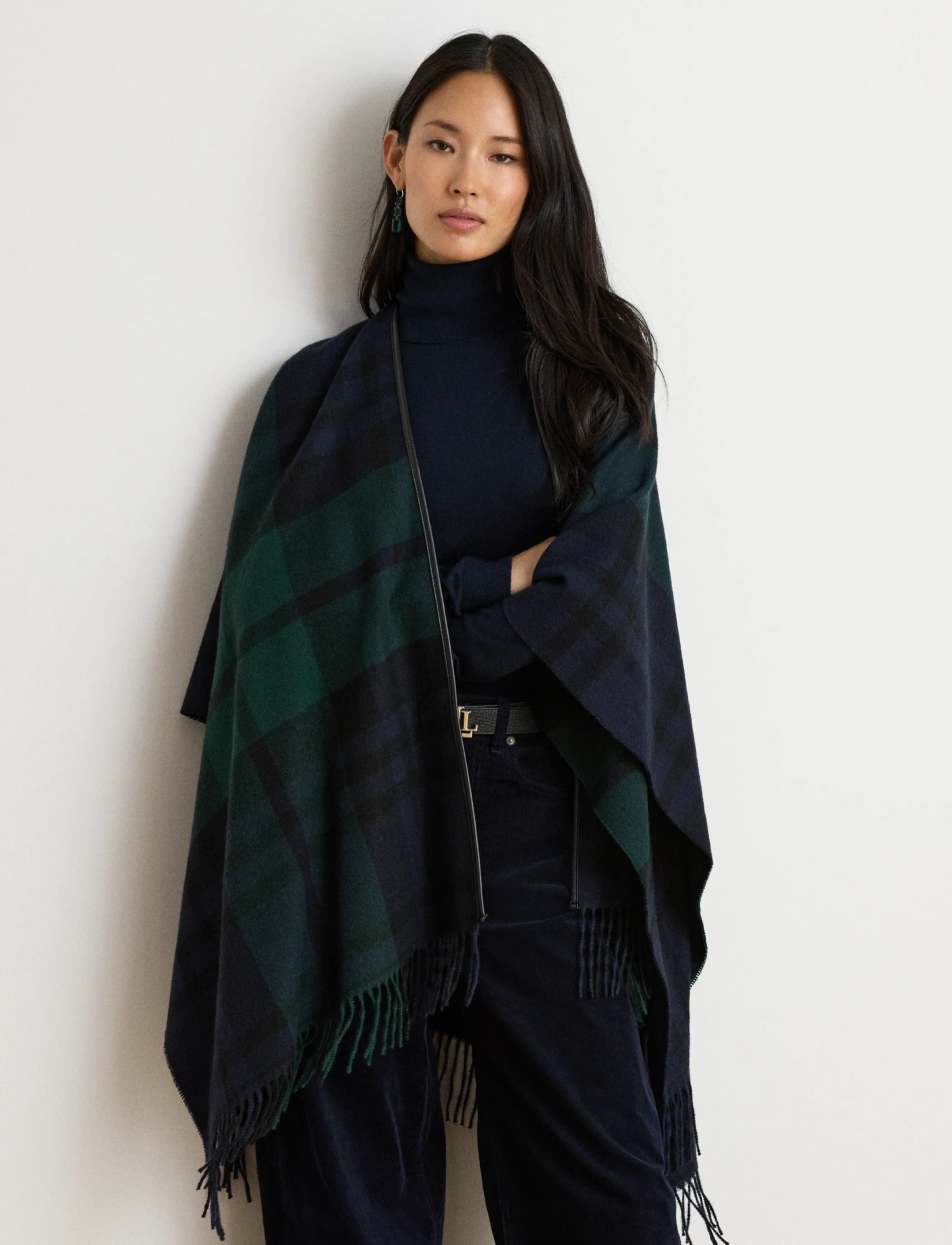 Lauren Ralph Lauren - Plaid Fringe-Trim Ruana - ponchos & capes - navy/green - 3