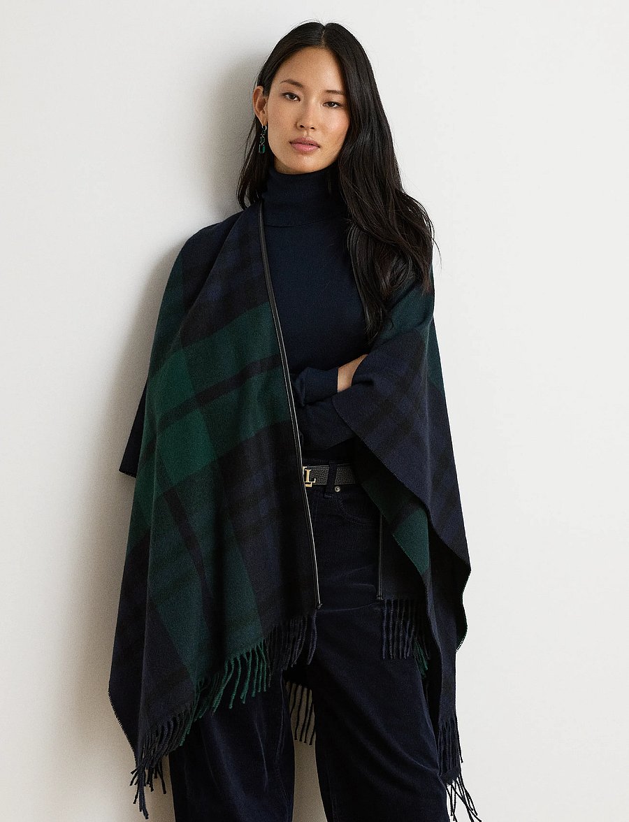 Lauren Ralph Lauren - Plaid Fringe-Trim Ruana - ponchos & capes - navy/green - 3