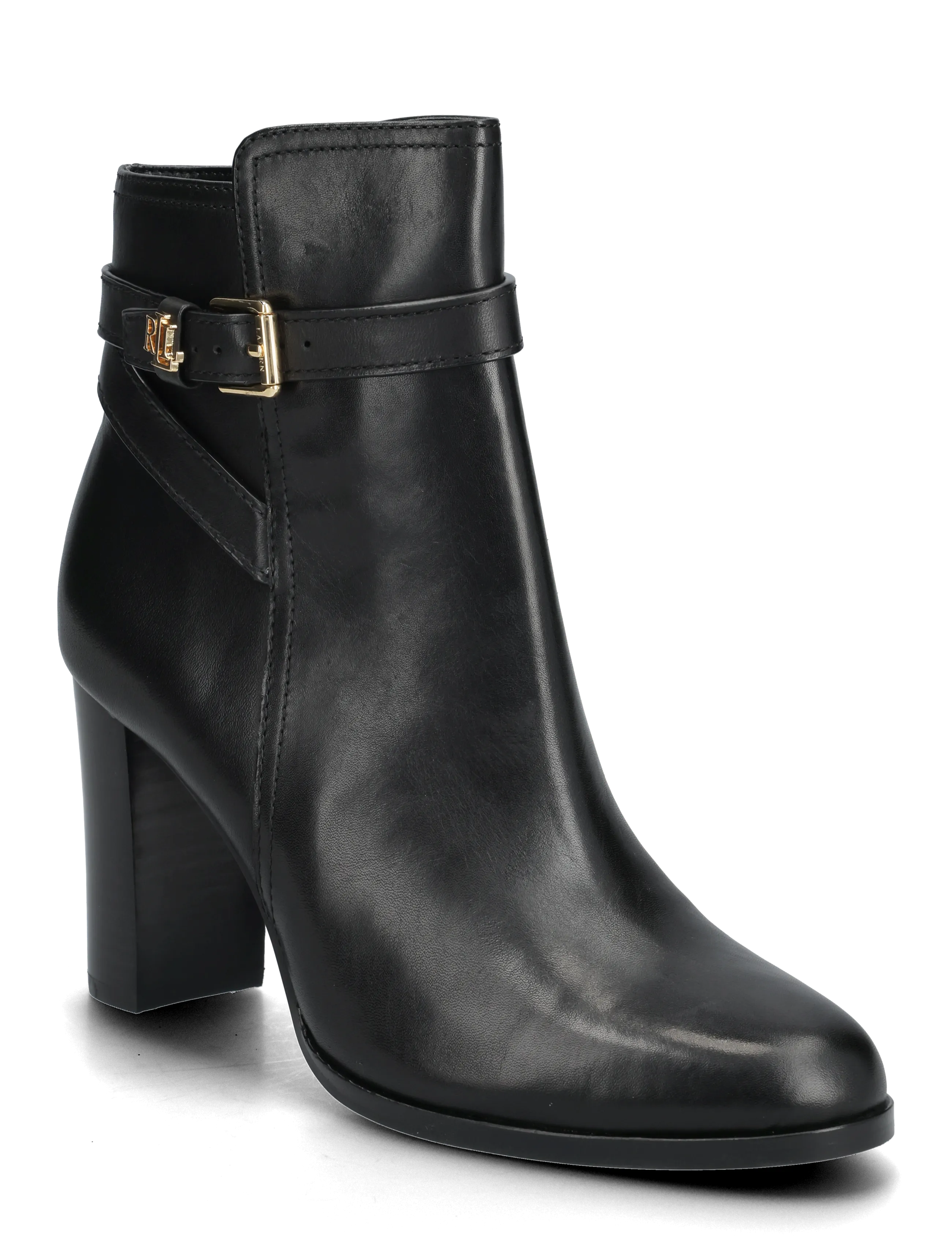 Lauren Ralph Lauren Brooke Ii Burnished Leather Bootie Heel, Kvinder, Blokhæl Ankelstøvle, Sort, Str: 40