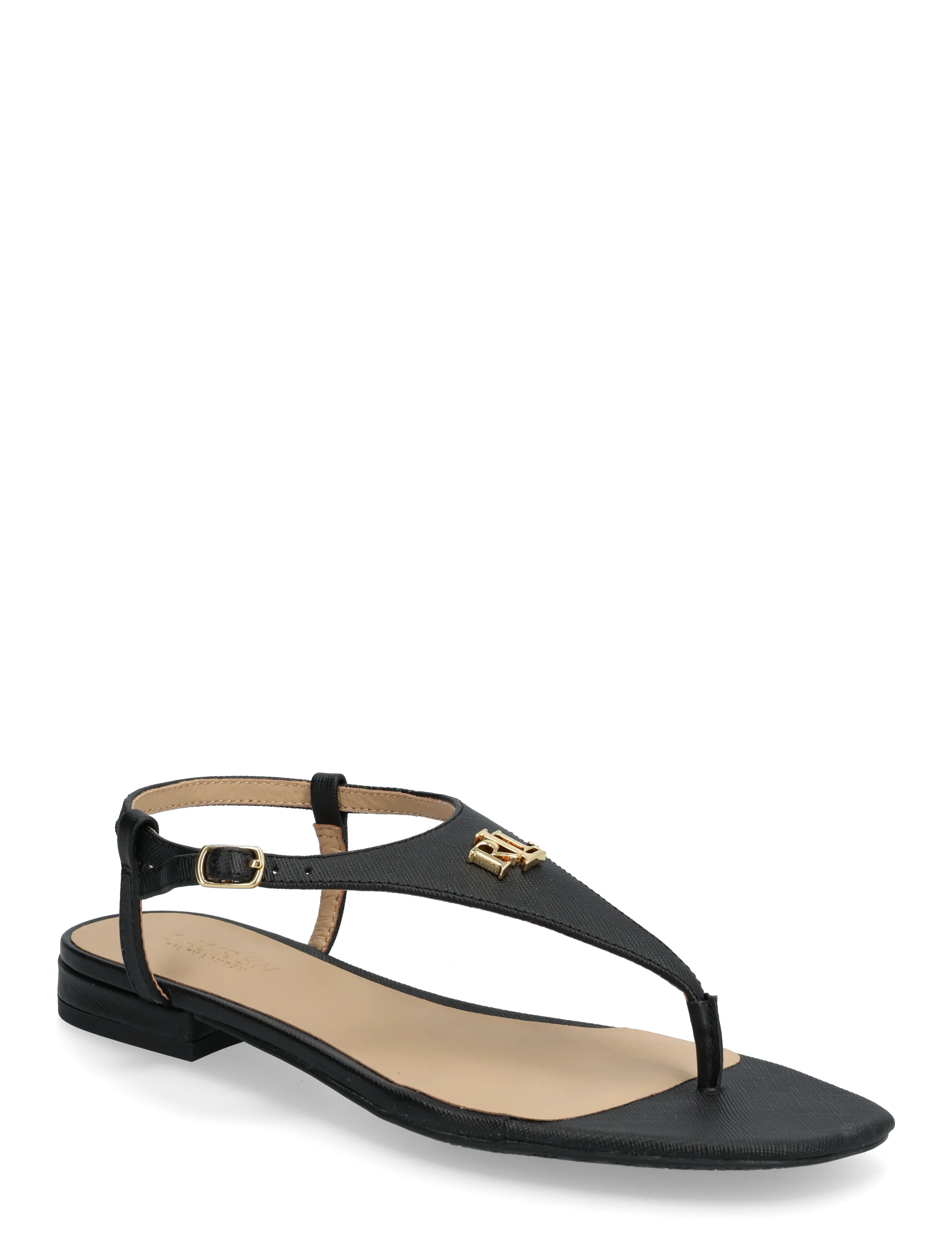 Lauren Ralph Lauren Everley Ii Crosshatch Leather Sandal, 36, Black, Sandaler > Flade Sandals, Dame