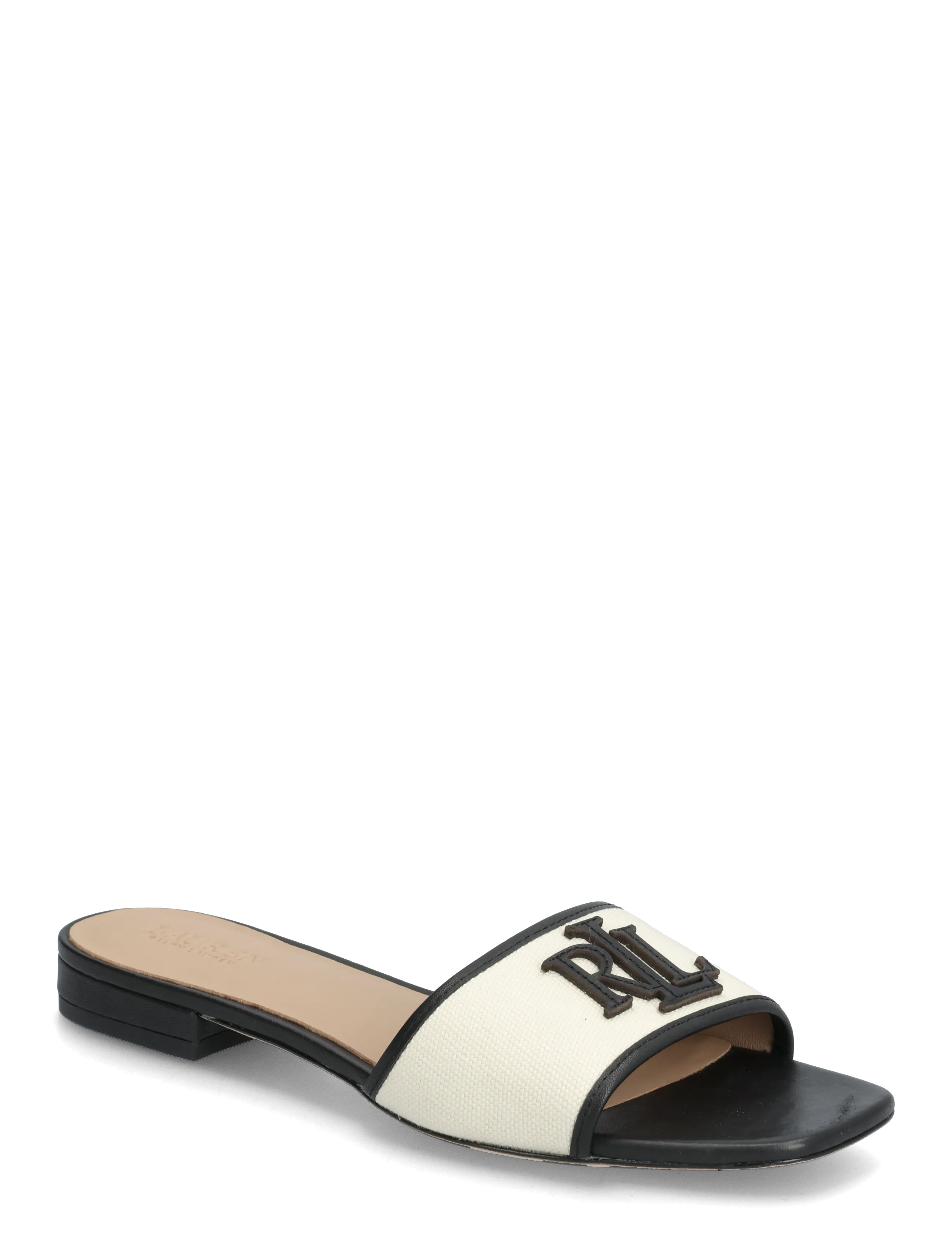 Lauren Ralph Lauren Everley Leather-Trim Canvas Slide Sandal - Sandalen - NATURAL/BLACK / black