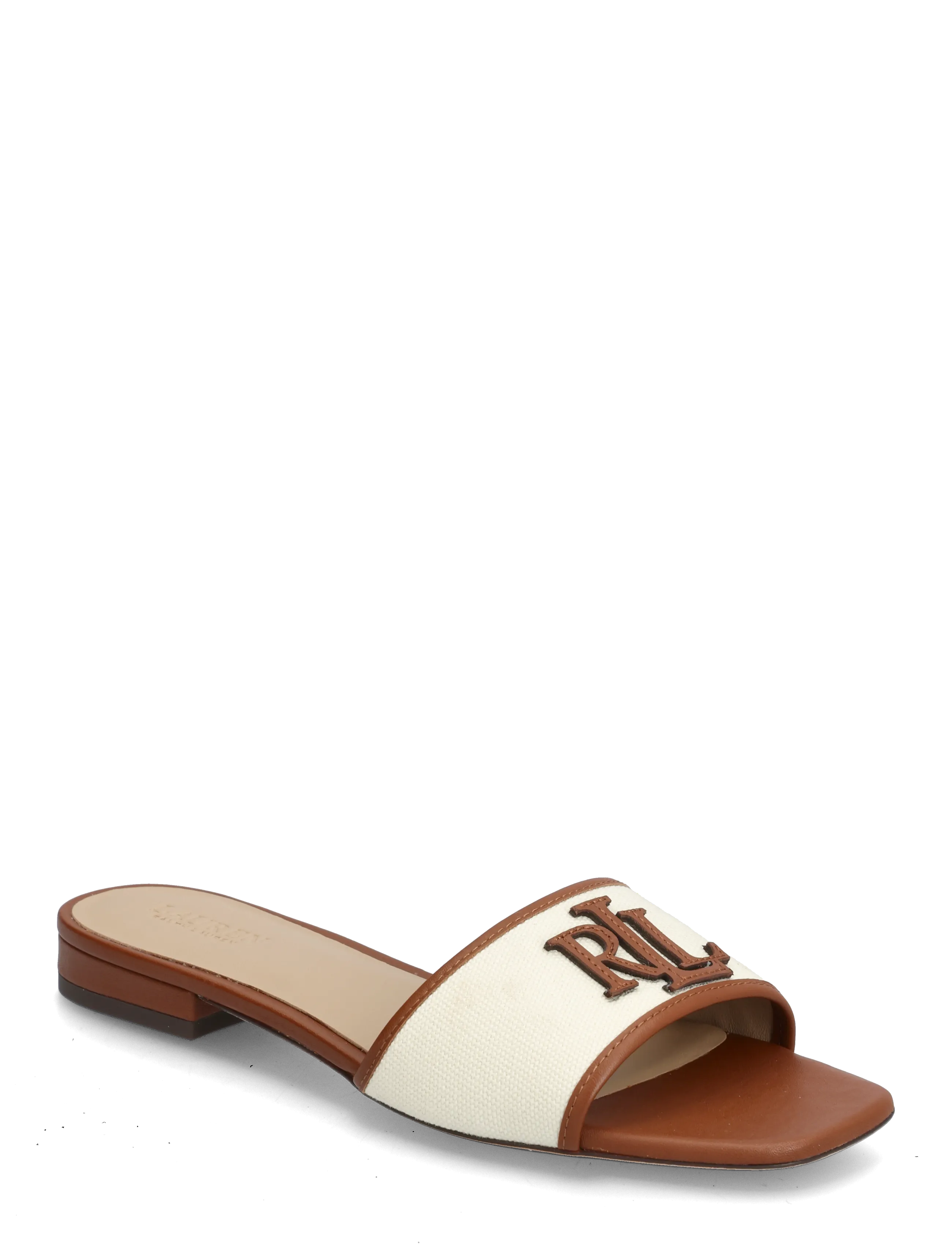 Lauren Ralph Lauren Everley Leather-Trim Canvas Slide Sandal, 41, Brown, Sandaler > Flade Sandals, Dame