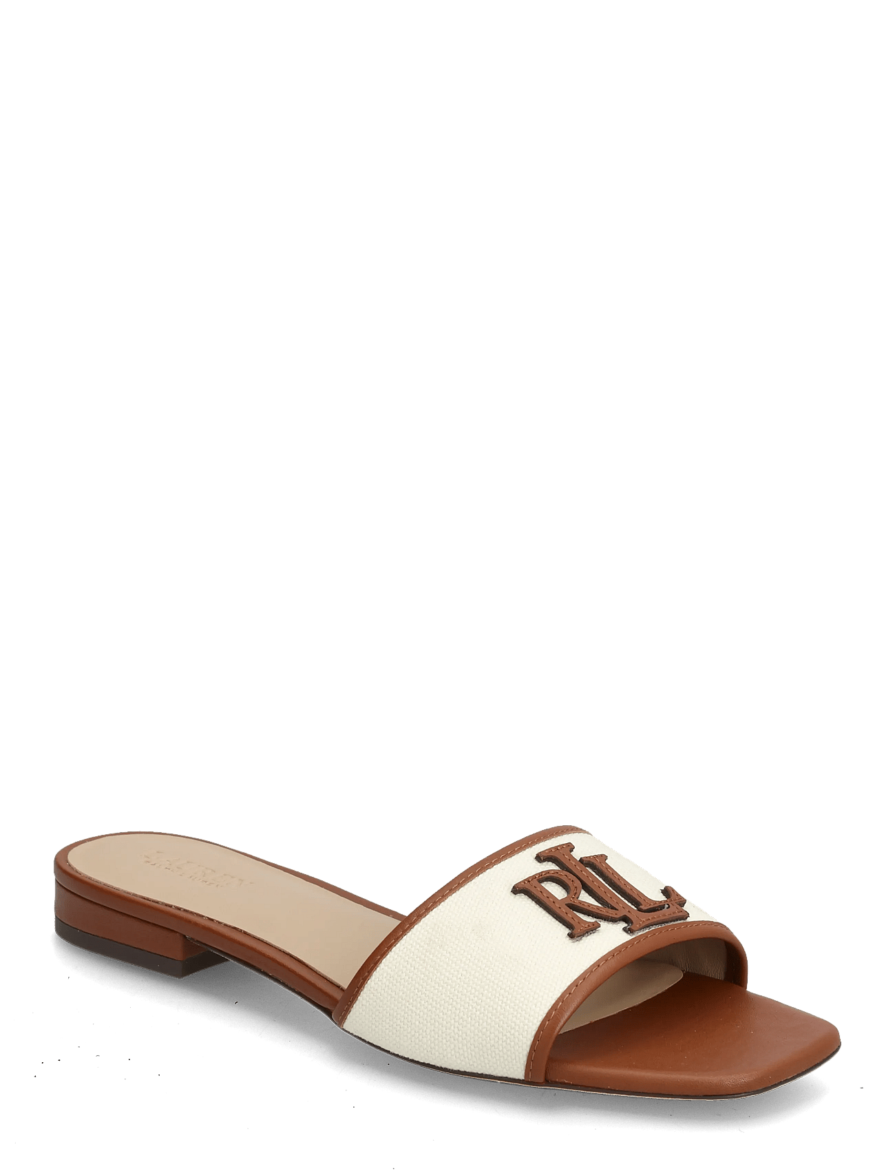 Everley Leather-Trim Canvas Slide Sandal Brown Lauren Ralph Lauren