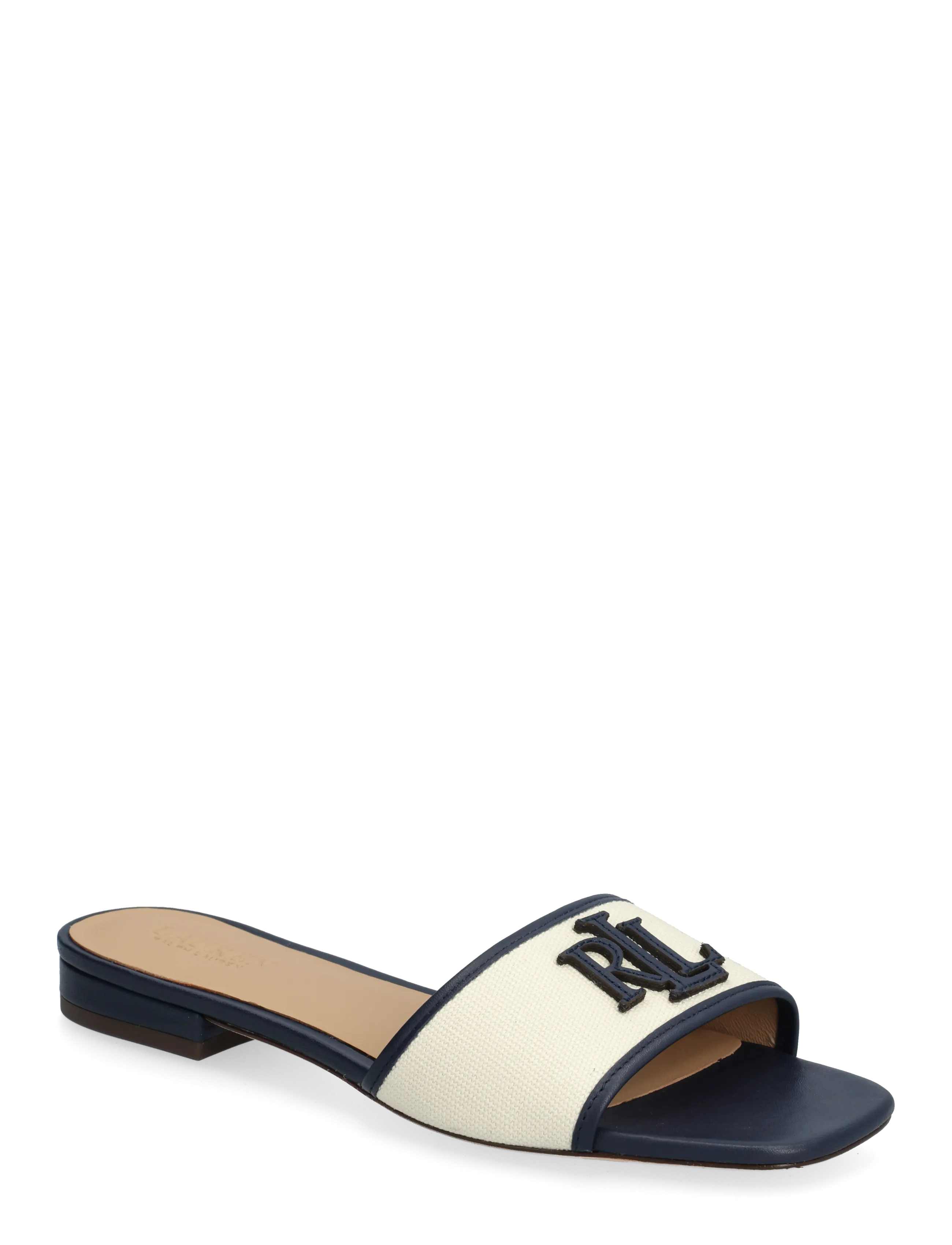 Lauren Ralph Lauren Everley Leather-Trim Canvas Slide Sandal, 42, Cream, Sandaler > Flade Sandals, Dame