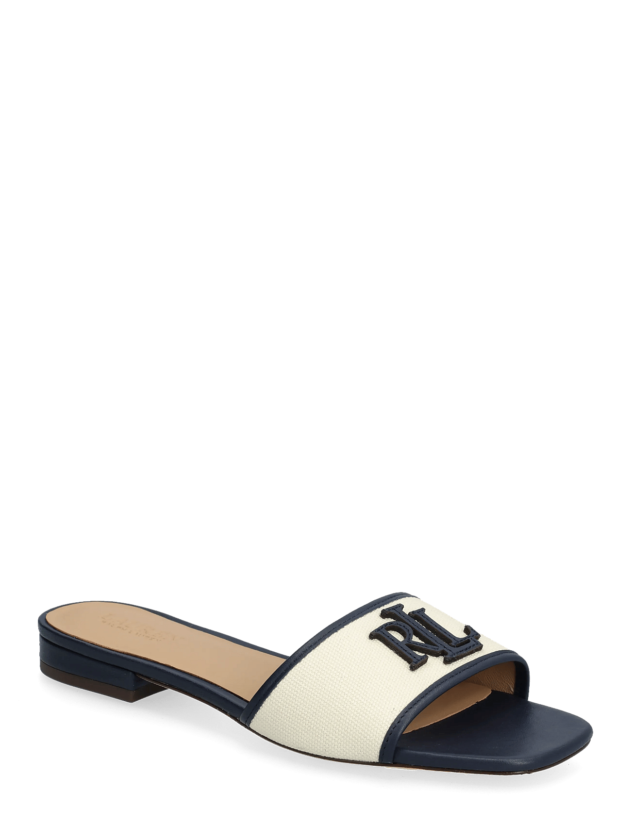 Everley Leather-Trim Canvas Slide Sandal Cream Lauren Ralph Lauren