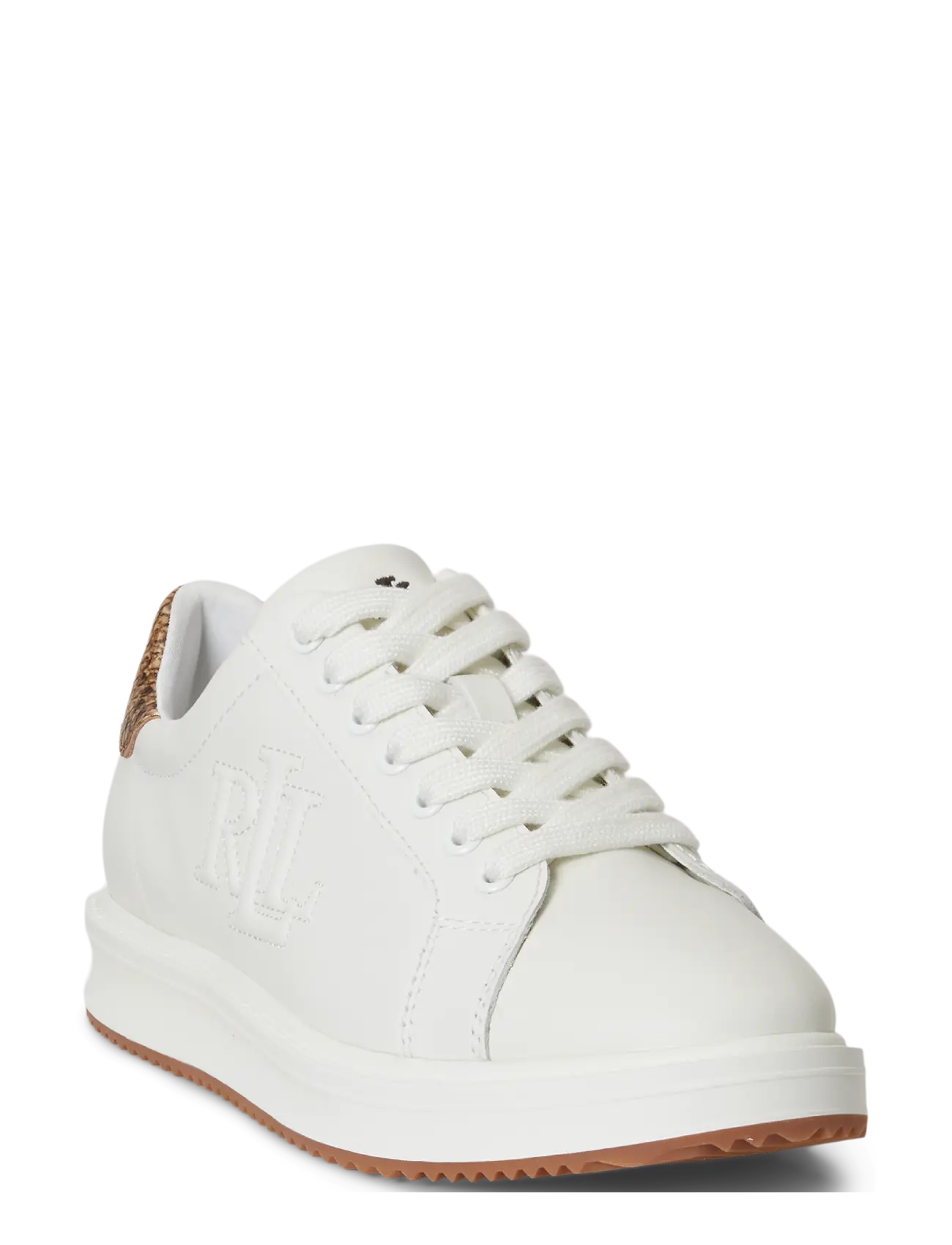 Lauren Ralph Lauren - Ainsley Python-Embossed-Trim Sneaker - snow white/tan mu - 3
