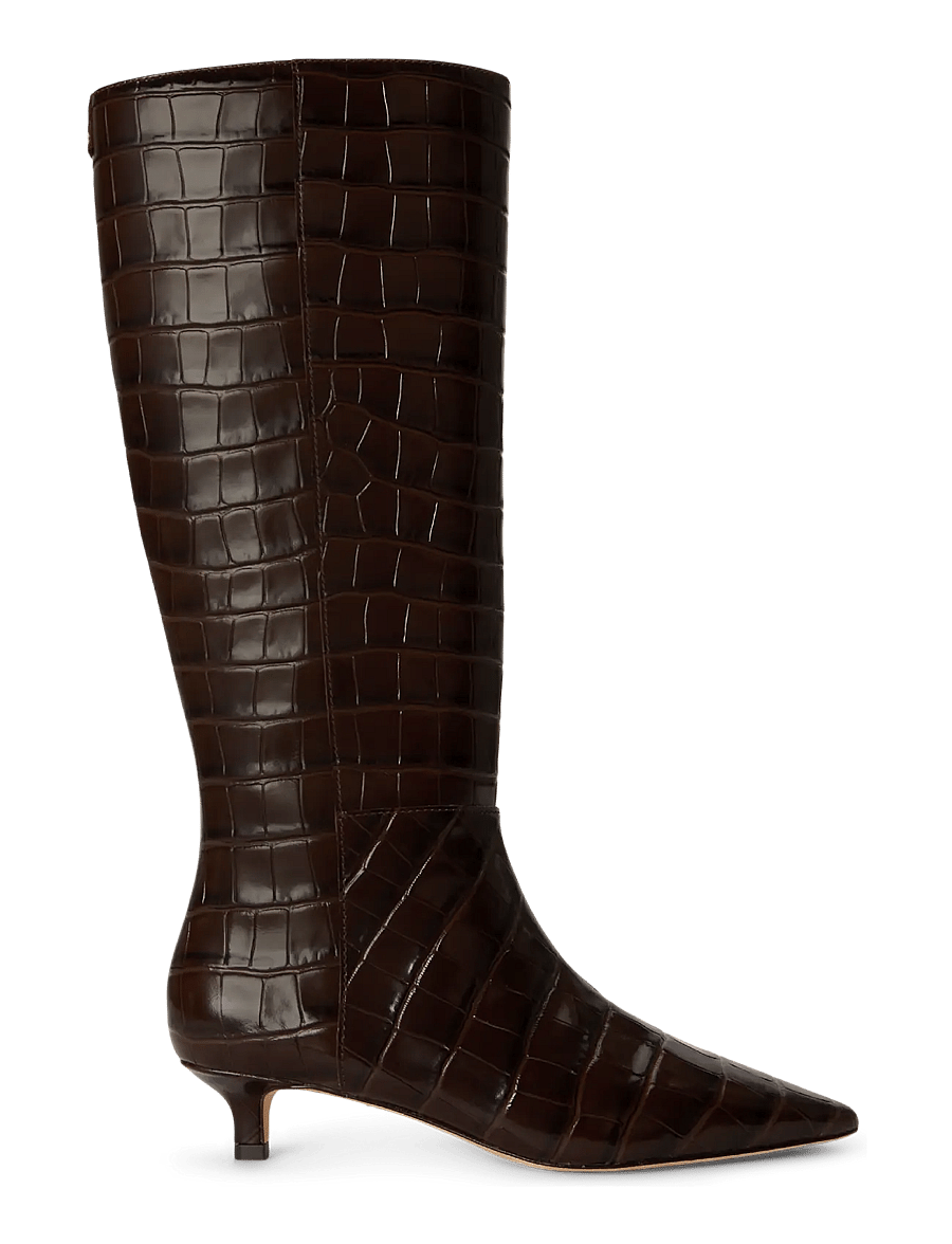 Lauren Ralph Lauren - Francesca Croc-Embossed Tall Boot Heel - knee high boots - chestnut brown - 0