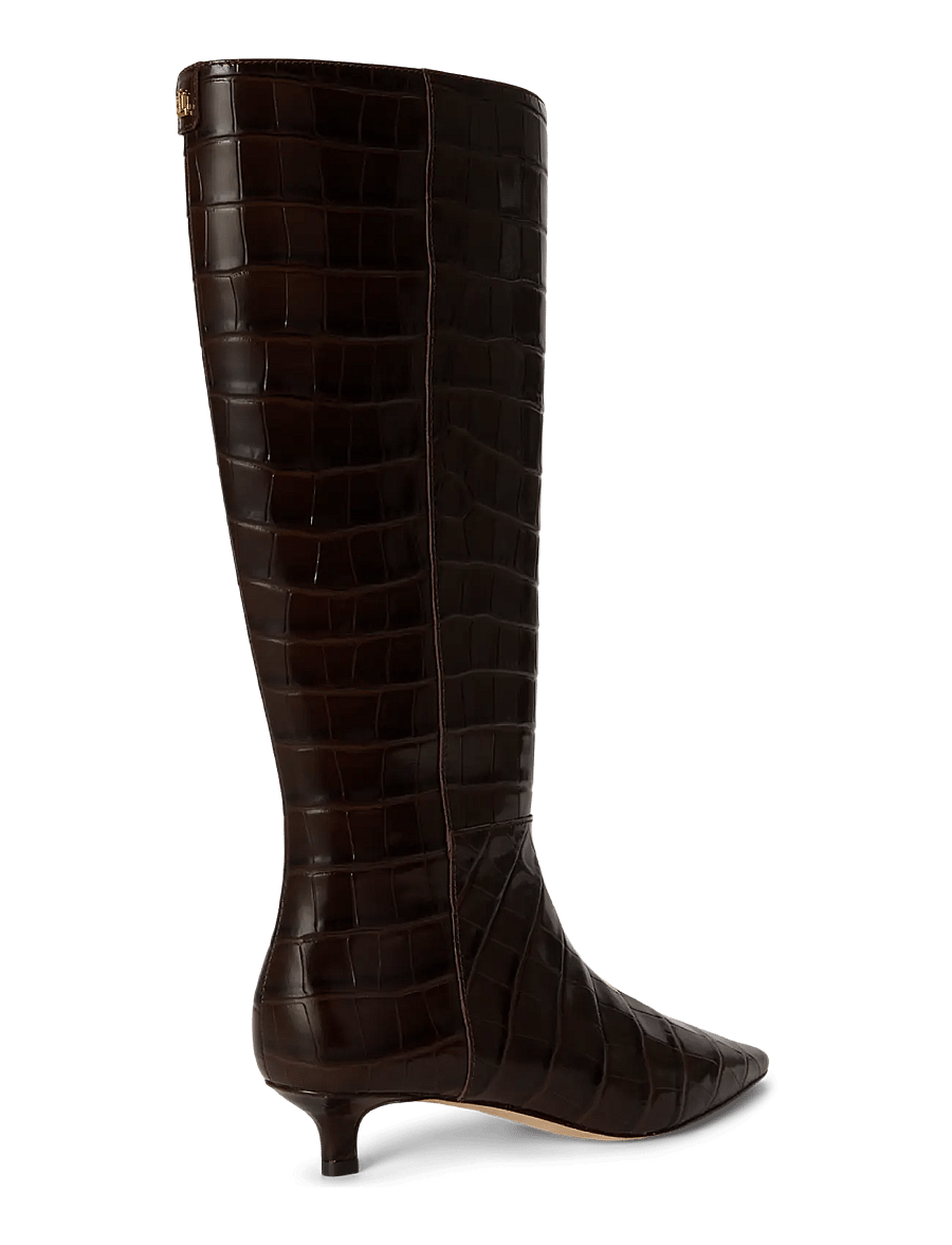 Lauren Ralph Lauren - Francesca Croc-Embossed Tall Boot Heel - knee high boots - chestnut brown - 1