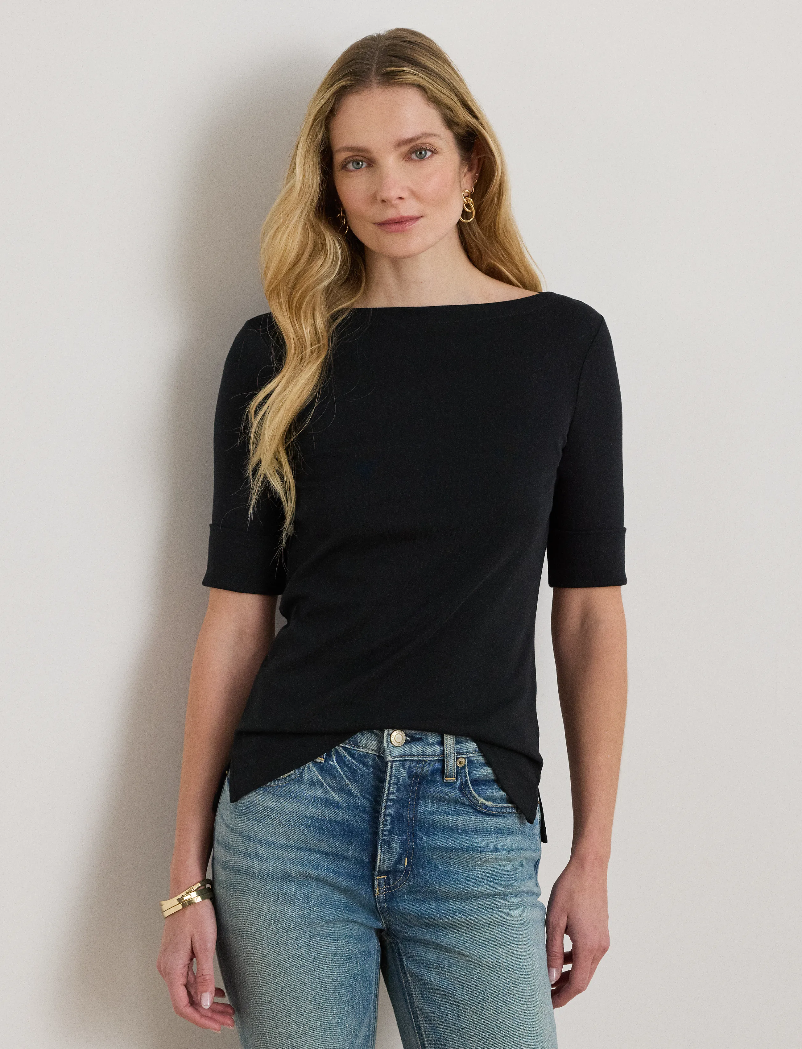 Lauren Ralph Lauren Stretch Cotton Boatneck Tee - Ralph Lauren - POLO BLACK / black