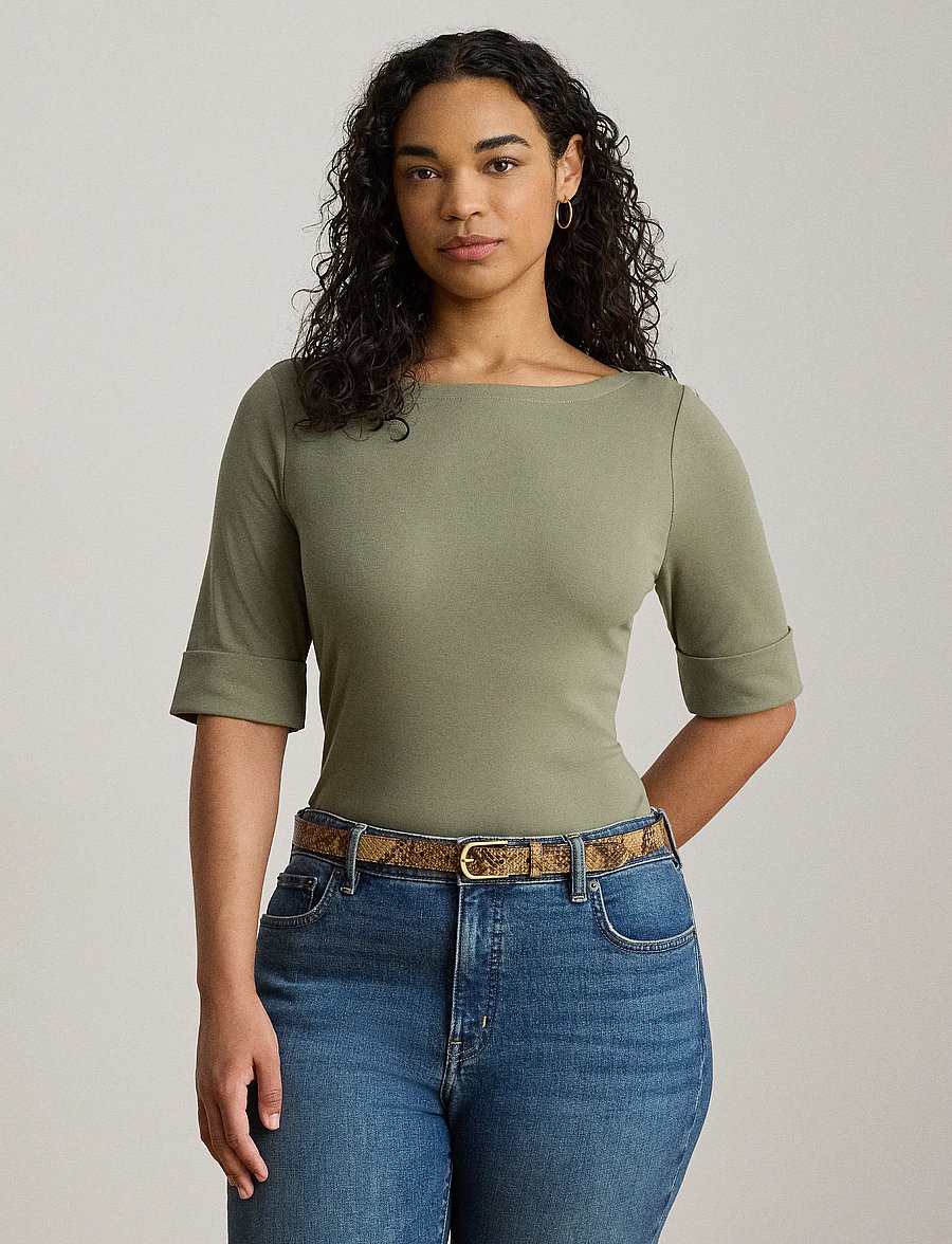 Lauren Women - Stretch Cotton Boatneck Tee - t-shirts - light agave - 0