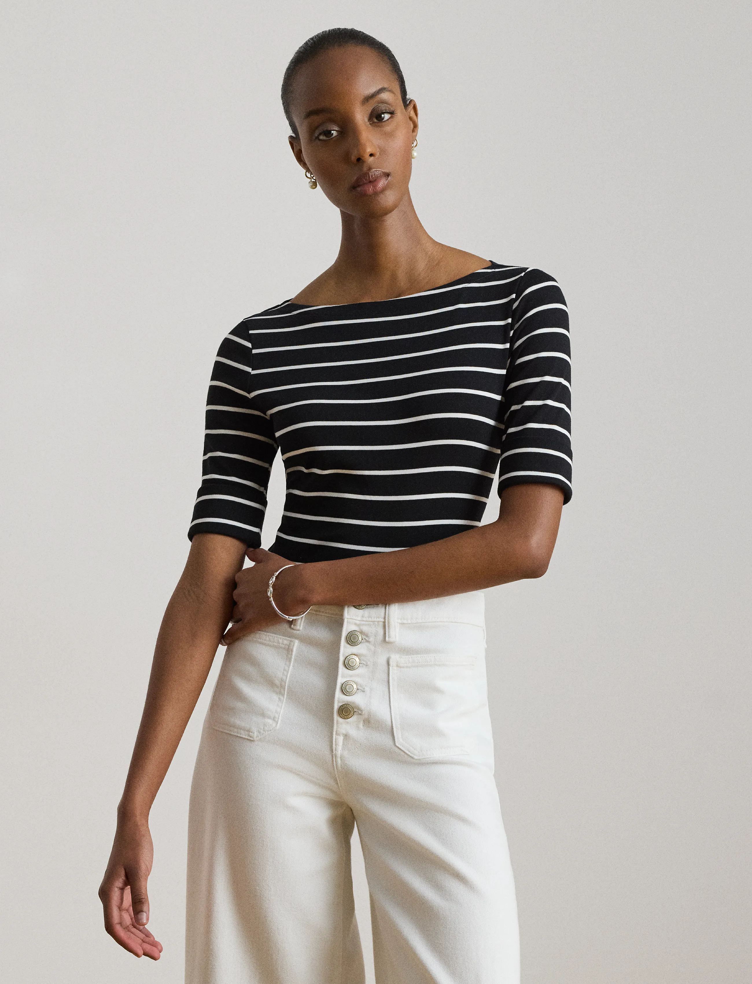 Lauren Women Striped Stretch Cotton Boatneck Tee - Ralph Lauren - POLO BLACK/WHITE / black