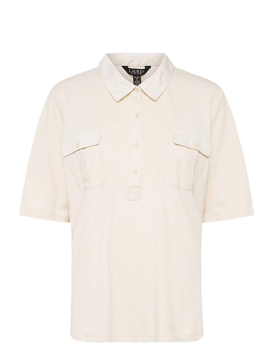 Lauren Women - Rib-Knit Elbow-Sleeve Collared Top - mascarpone cream - 1