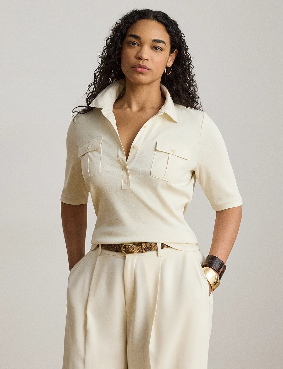 Lauren Women - Rib-Knit Elbow-Sleeve Collared Top - mascarpone cream - 0