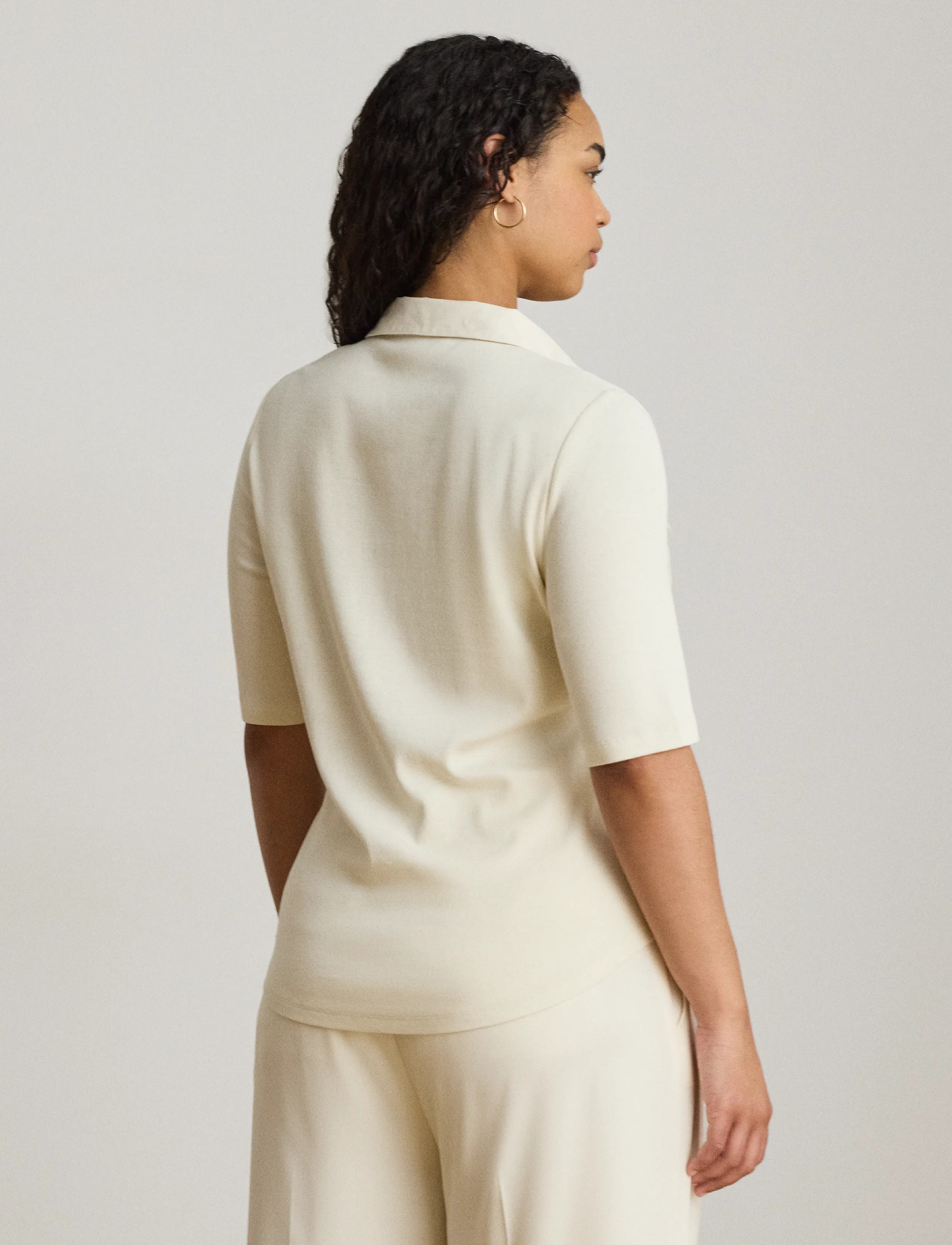 Lauren Women - Rib-Knit Elbow-Sleeve Collared Top - mascarpone cream - 3