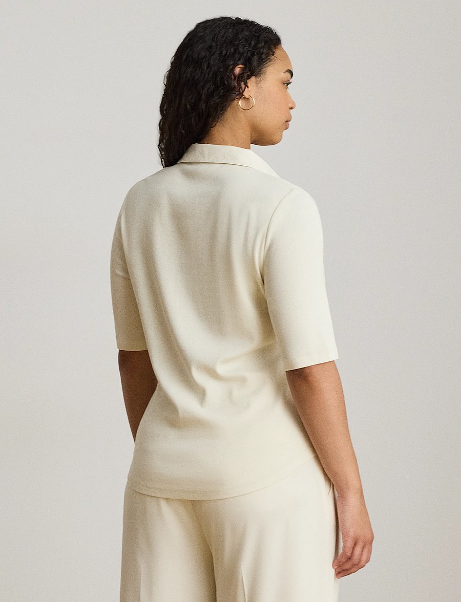 Lauren Women - Rib-Knit Elbow-Sleeve Collared Top - mascarpone cream - 3