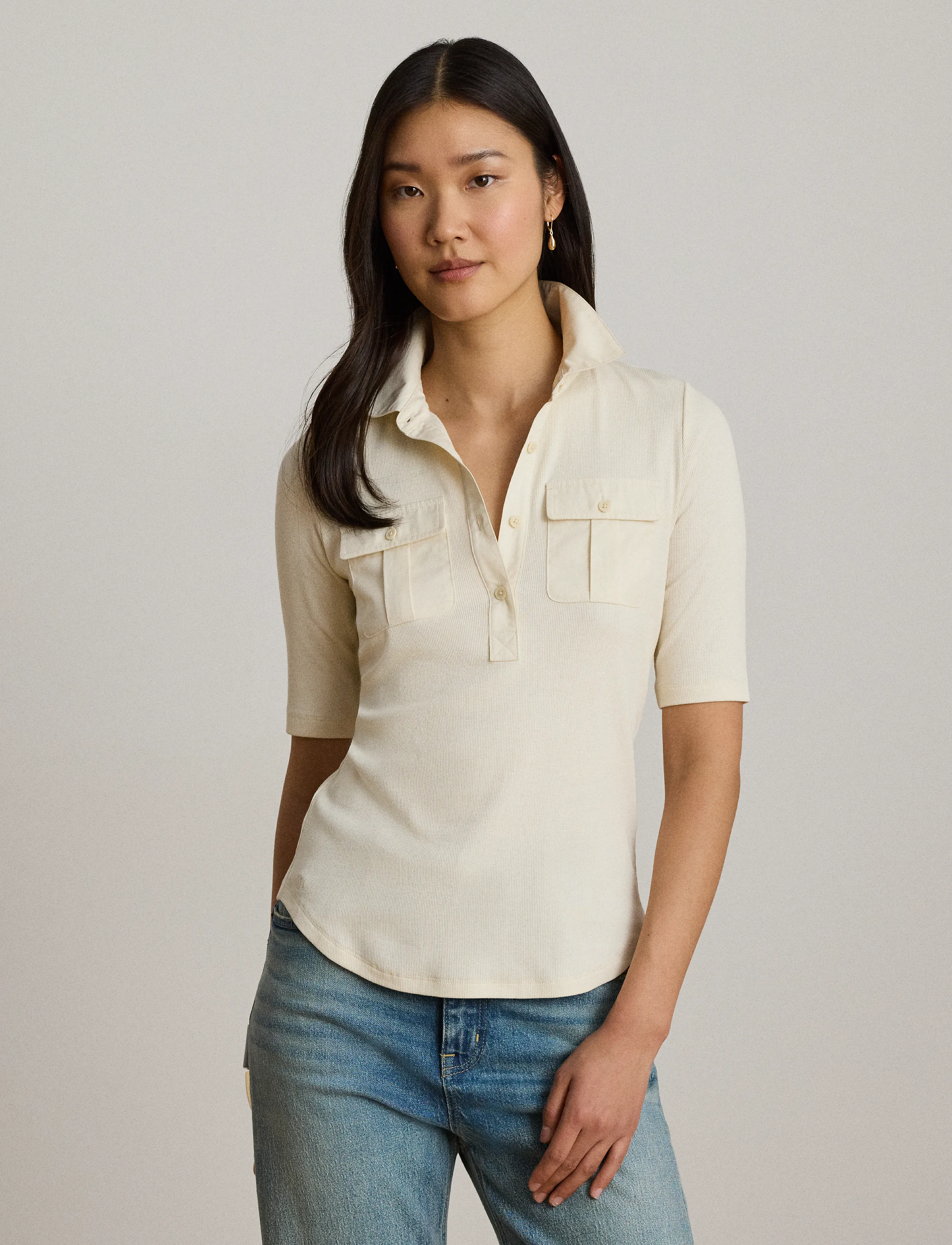 Lauren Women - Rib-Knit Elbow-Sleeve Collared Top - mascarpone cream - 4