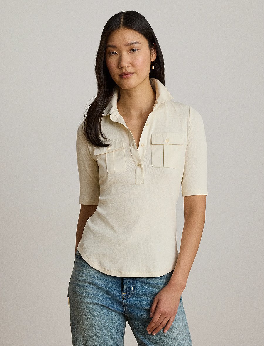 Lauren Women - Rib-Knit Elbow-Sleeve Collared Top - mascarpone cream - 4
