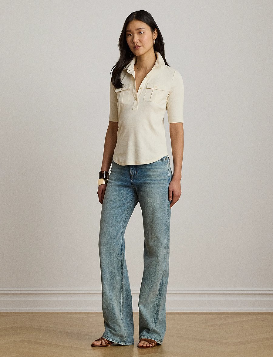 Lauren Women - Rib-Knit Elbow-Sleeve Collared Top - mascarpone cream - 5