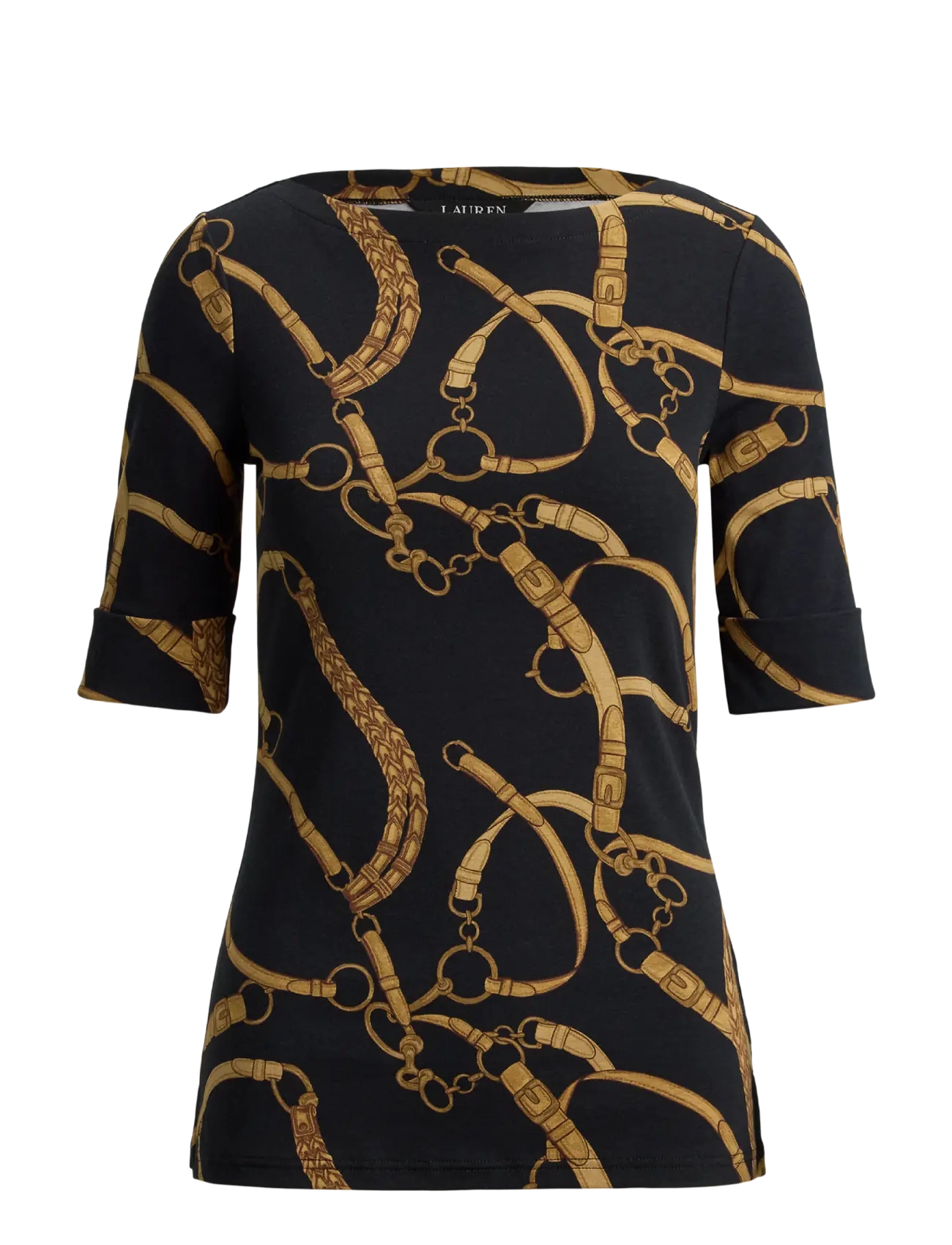 Lauren Women Belting-Print Cotton Boatneck Tee - Lauren Ralph Lauren Curve - BLACK/TAN / black