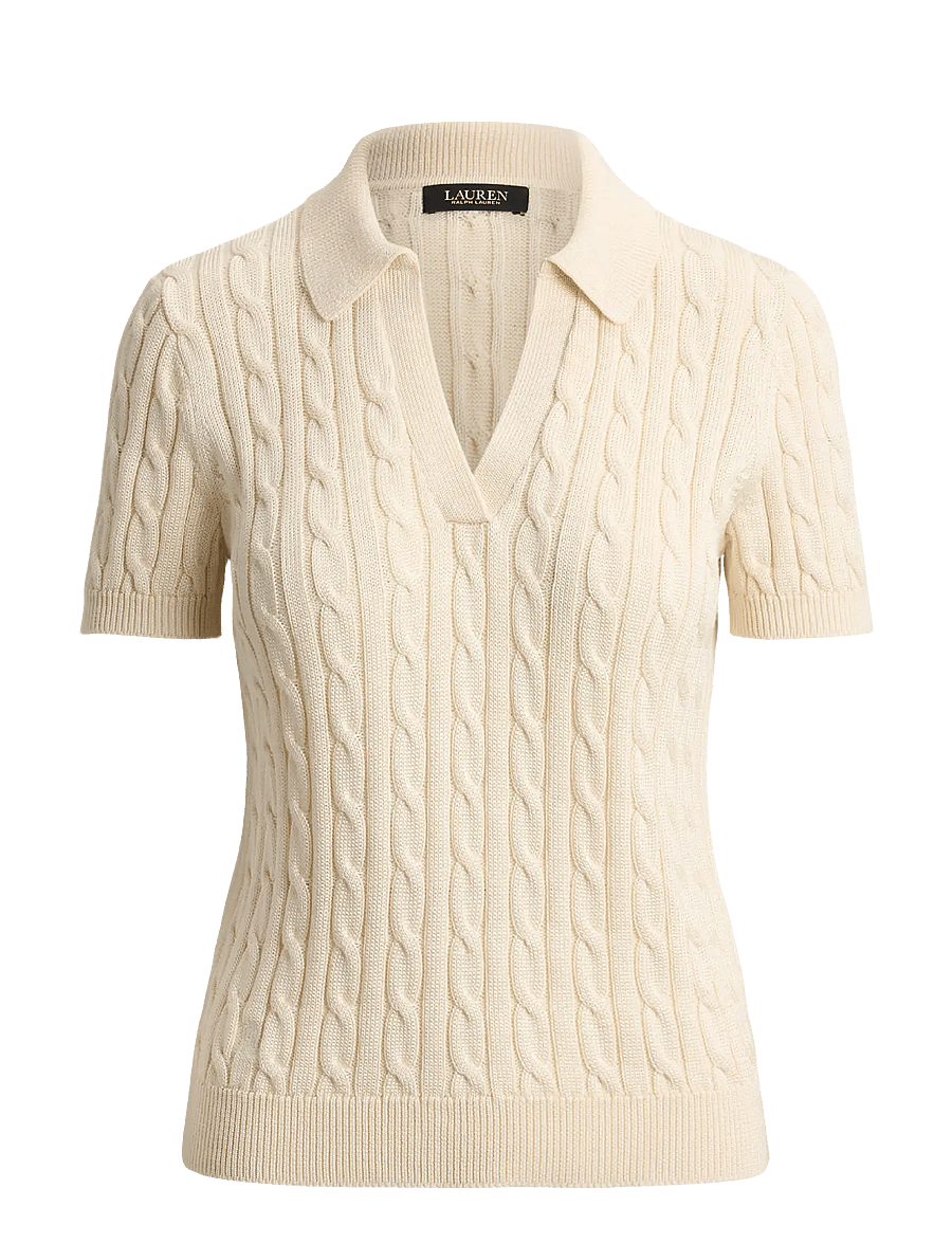 Lauren Women - Cable Cotton-Blend Short-Sleeve Sweater - poloshirts - mascarpone cream - 1