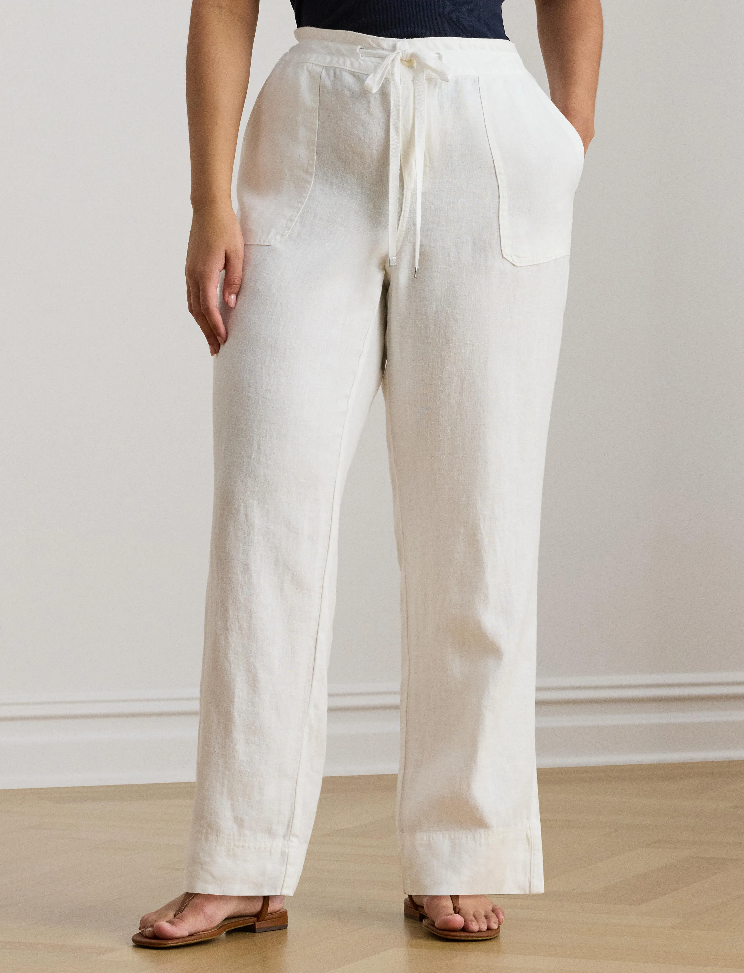 Lauren Women Linen Drawcord Pant, 48, Trousers, Weiß - Frauen