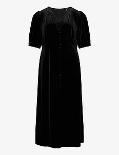 Stretch Velvet Puff-Sleeve Midi Dress, Lauren Women