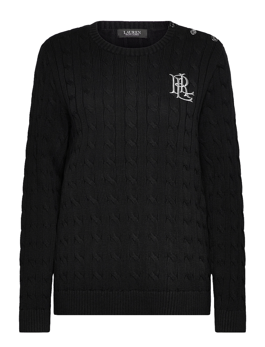 Lauren Women - Button-Trim Cable-Knit Cotton Sweater - pullover - black - 1