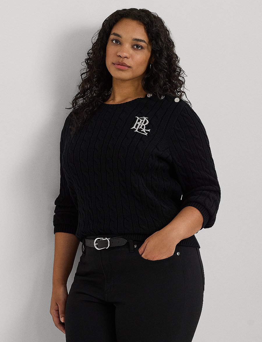 Lauren Women - Button-Trim Cable-Knit Cotton Sweater - pullover - black - 0
