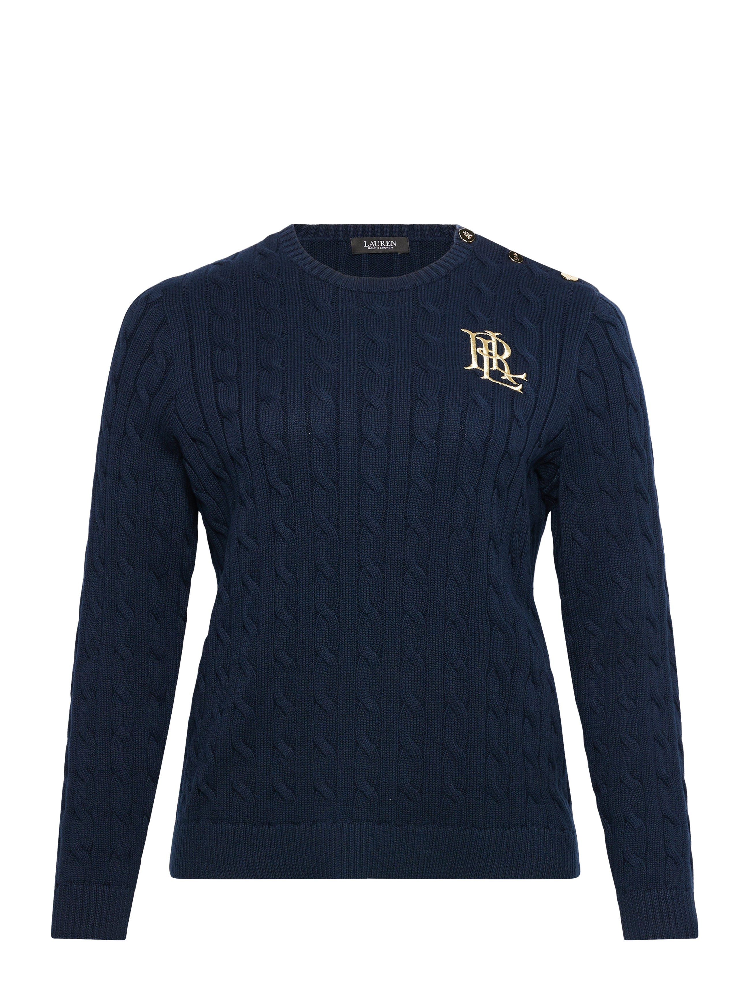 Lauren Women Button-Trim Cable-Knit Cotton Sweater - Pullover - LAUREN NAVY / navy