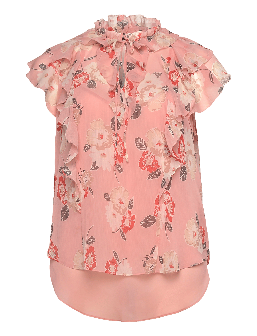 Lauren Women - Floral Ruffle-Trim Georgette Blouse - kortærmede bluser - pink multi - 0